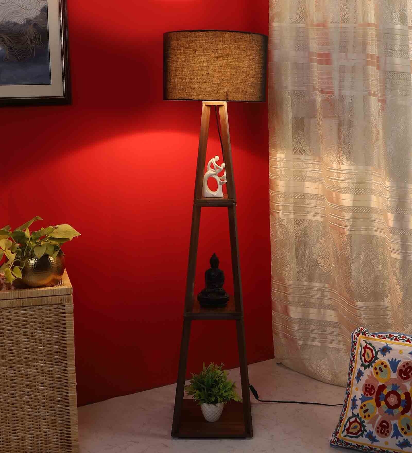 Buy Uniqualy Black Cotton Shade Shelf Floor Lamp With MDF Base By