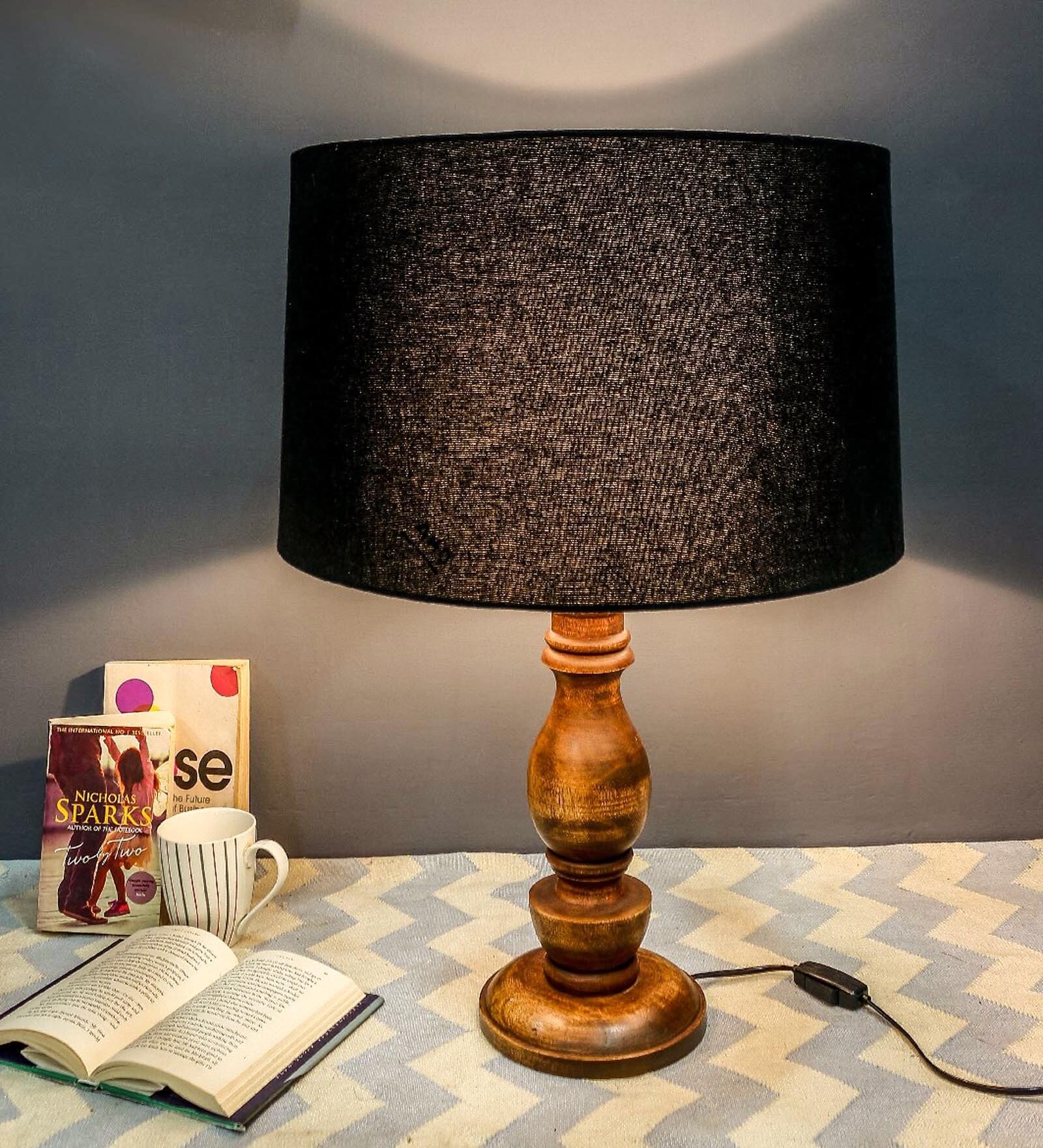 Buy Hobart Black Fabric Shade Night Lamp With Wood Base By Grated