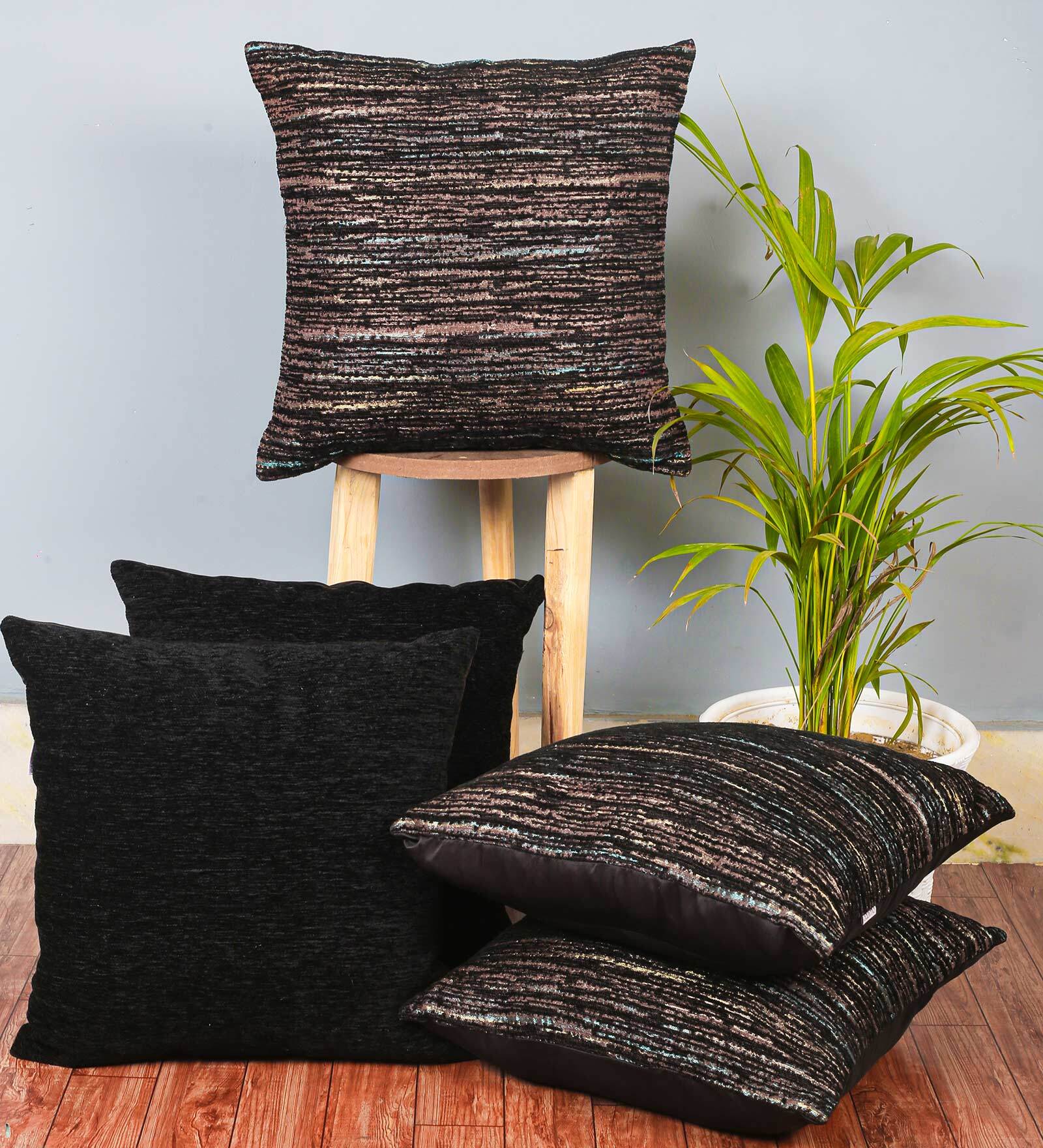 Buy Black Textured Polyester 16 x 16 Inches Cushion Covers (Set of 5) by Cazimo Online