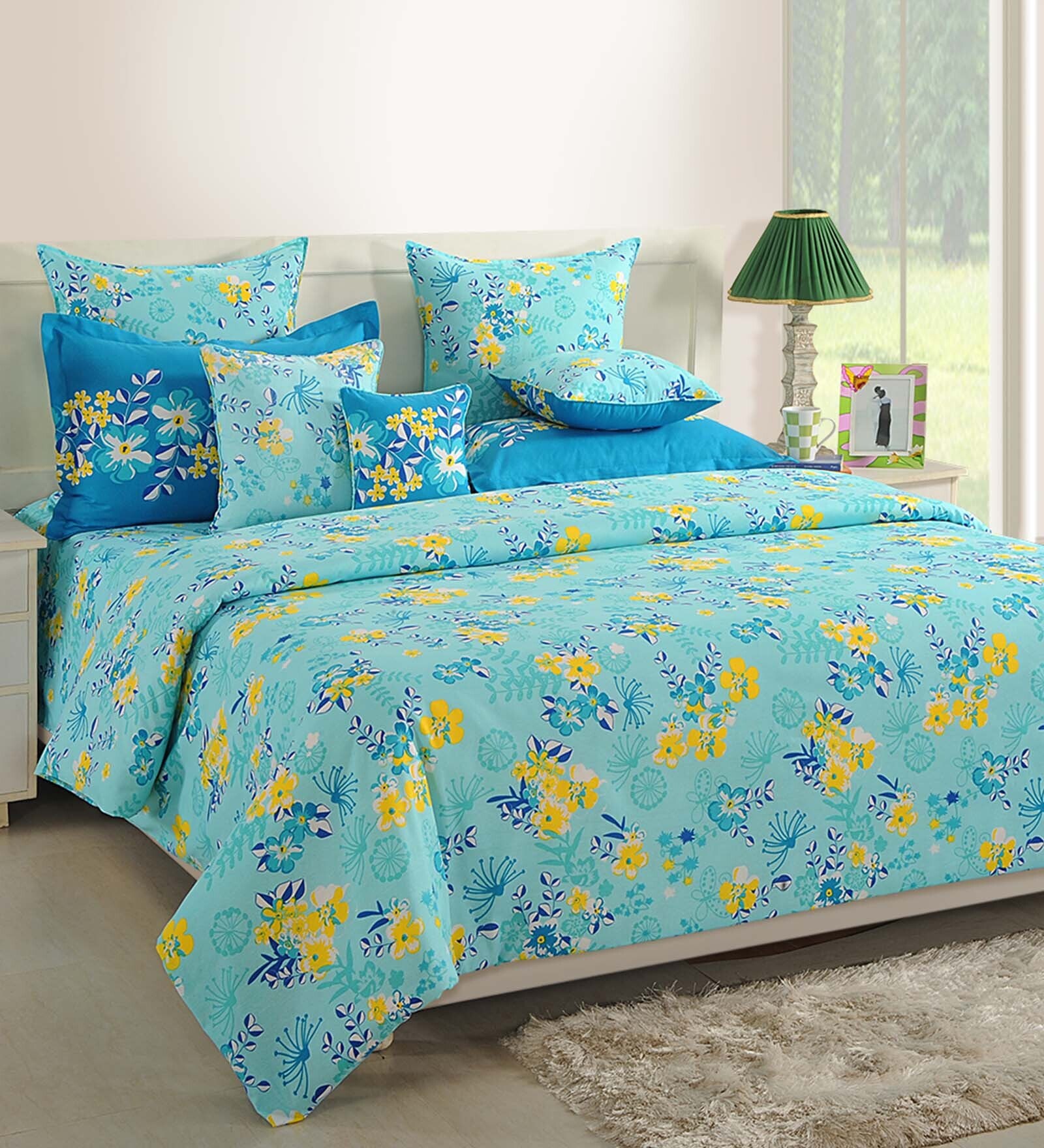 Buy Blue 120 TC Floral Print Cotton Double Bed Sheet with 2 Pillow