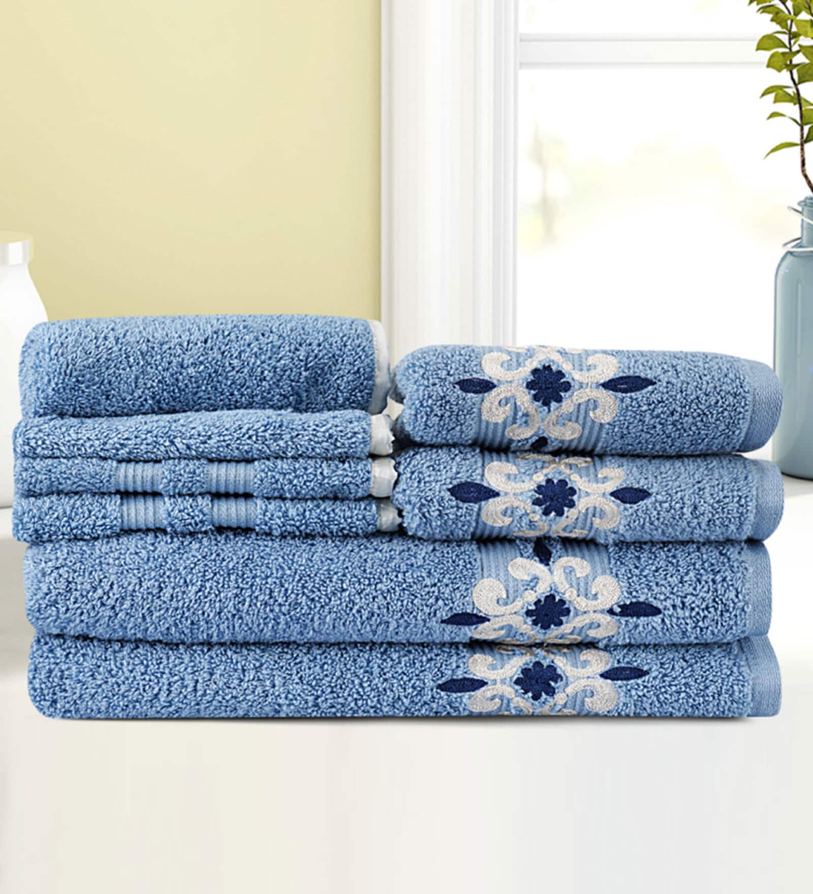 Buy Blue Cotton Patterned 500 GSM Towel Set 8 Pieces by Lush & Beyond at 60 OFF by LUSH