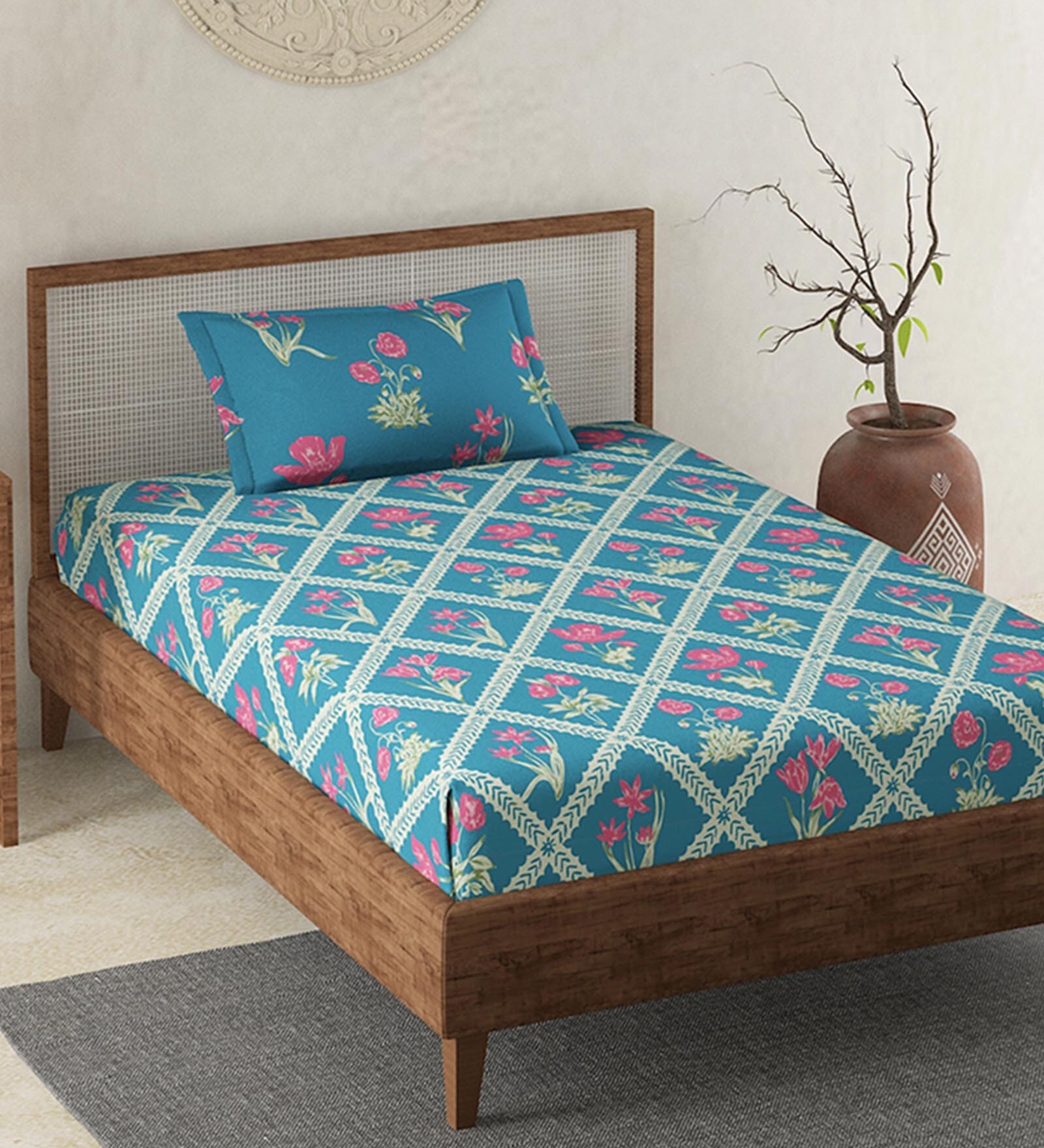 Buy Blue Floral 120 TC 100 Cotton Single Bed Sized Bed Sheets With 1 Pillow Cover by Duroflex