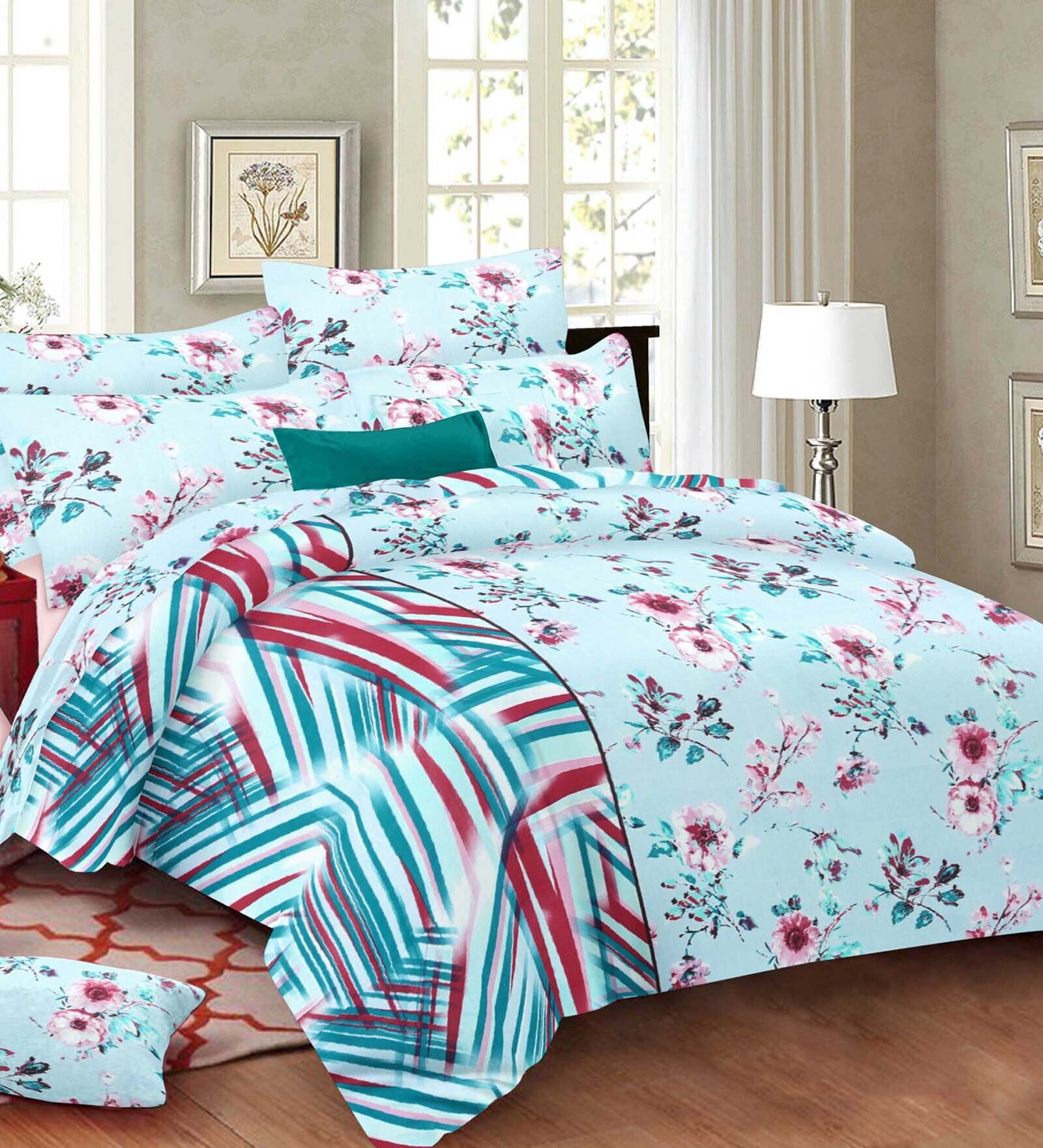 Buy Blue Floral 140 TC 100 Cotton Queen Sized Bed Sheets with 2 Pillow