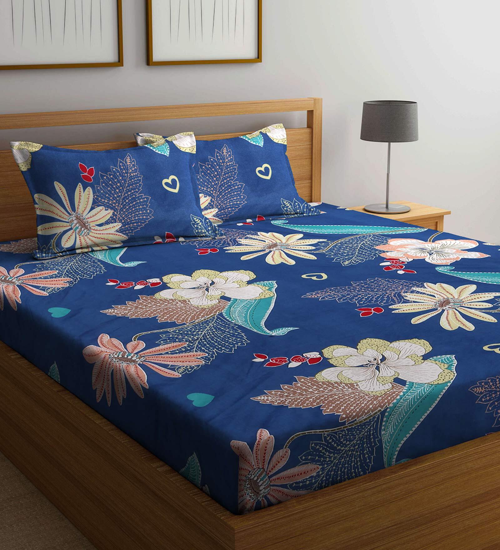 Buy Blue Floral 300 TC Cotton Blend Queen Sized Fitted Bed Sheets with