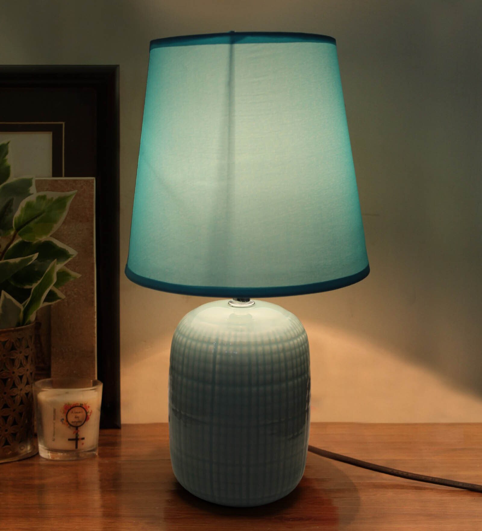 Buy Roman Blue Fabric Shade Night Lamp With Ceramic Base By Tied