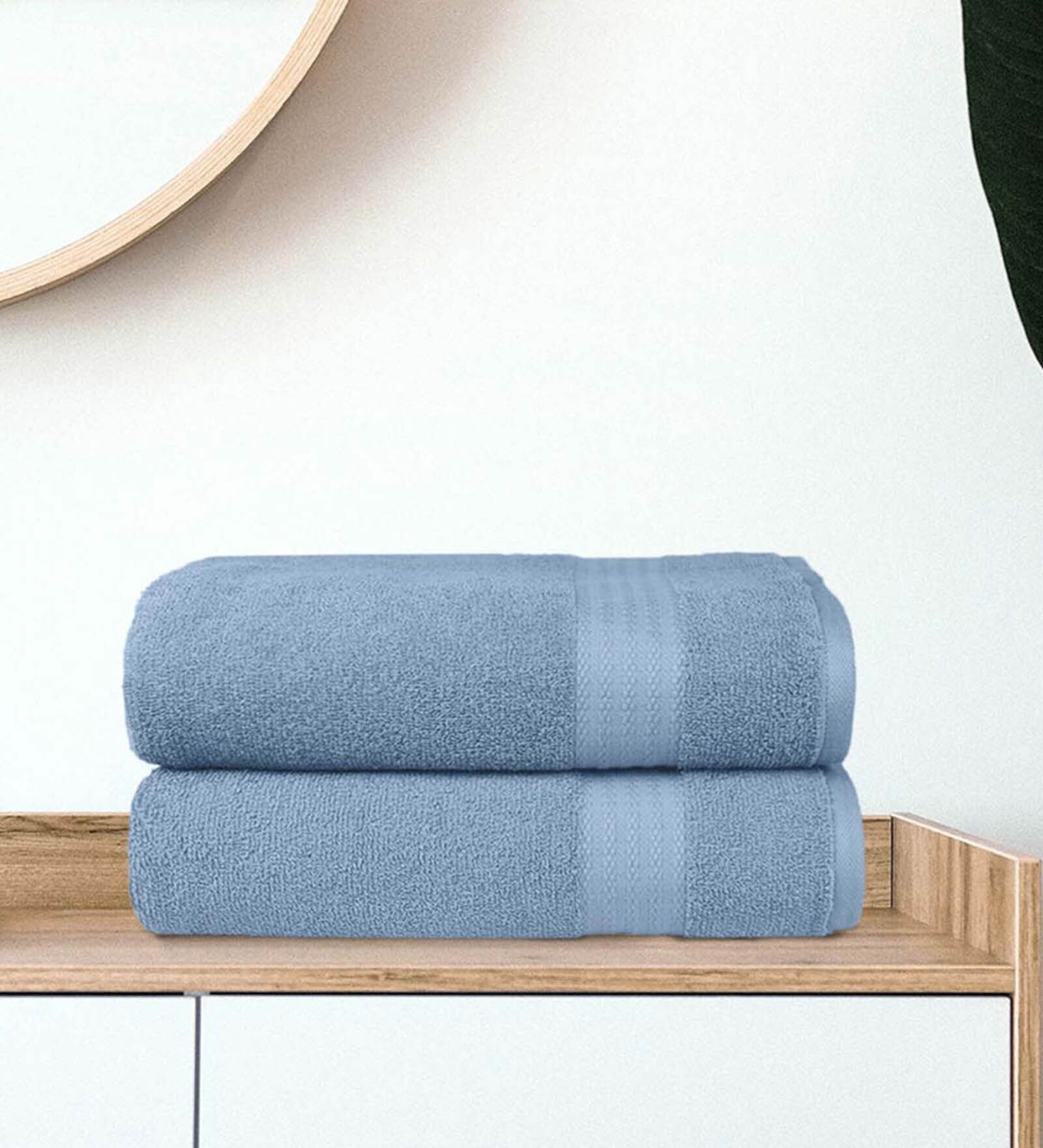 Buy Blue Solid 400 GSM Cotton Bath Towels (Set of 2) by Trident Online