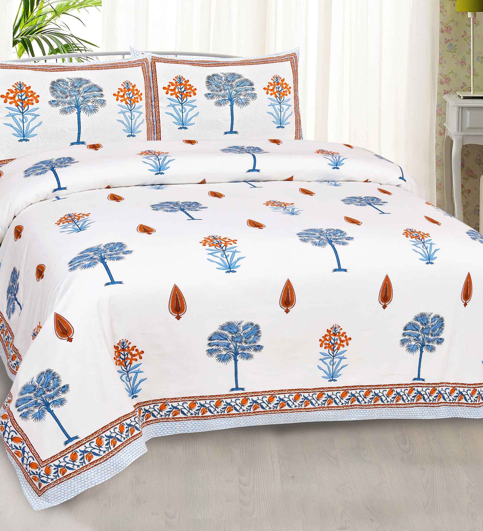 Buy Blue Floral 300 TC Cotton Queen Sized Bed Sheets with 2 Pillow
