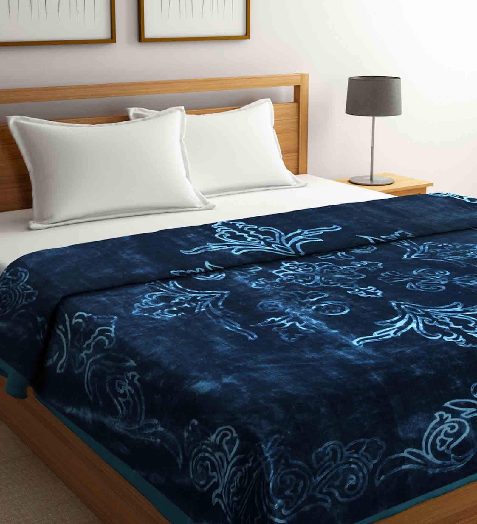Buy Blue Wool Floral 1000 GSM Heavy Winter Double Bed Blanket by