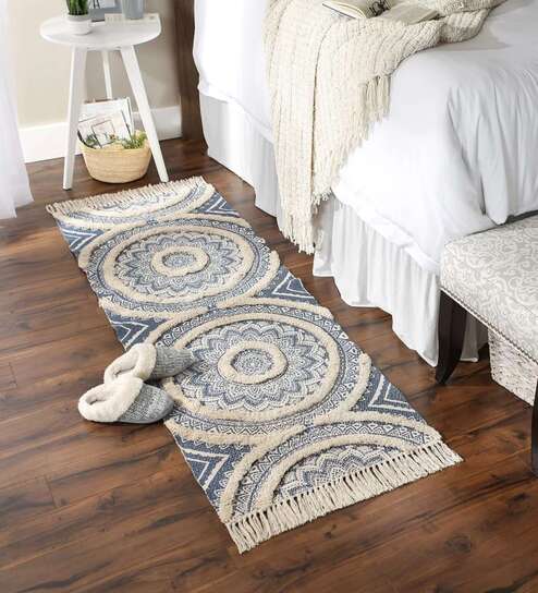 Blue Abstract Cotton 54x22 Inches Hand Tufted Floor Runner