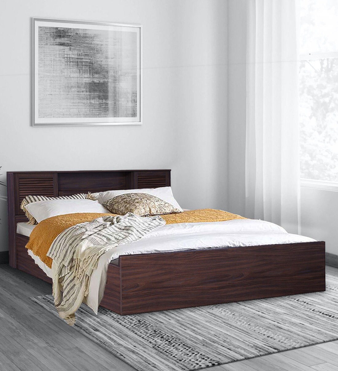Buy Bolton Queen Size Bed in Walnut Finish with Hydraulic Storage