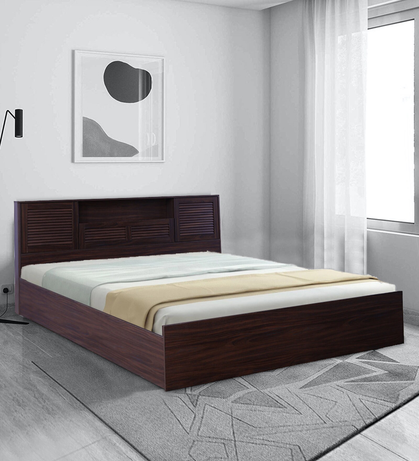 Buy Bolton King Size Bed in Walnut Finish with Box Storage Online