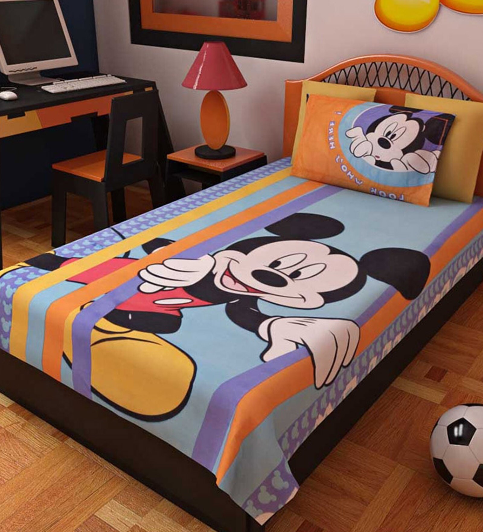 Buy Cartoon Print SingleSize Cotton Bedsheet in Blue with Pillow