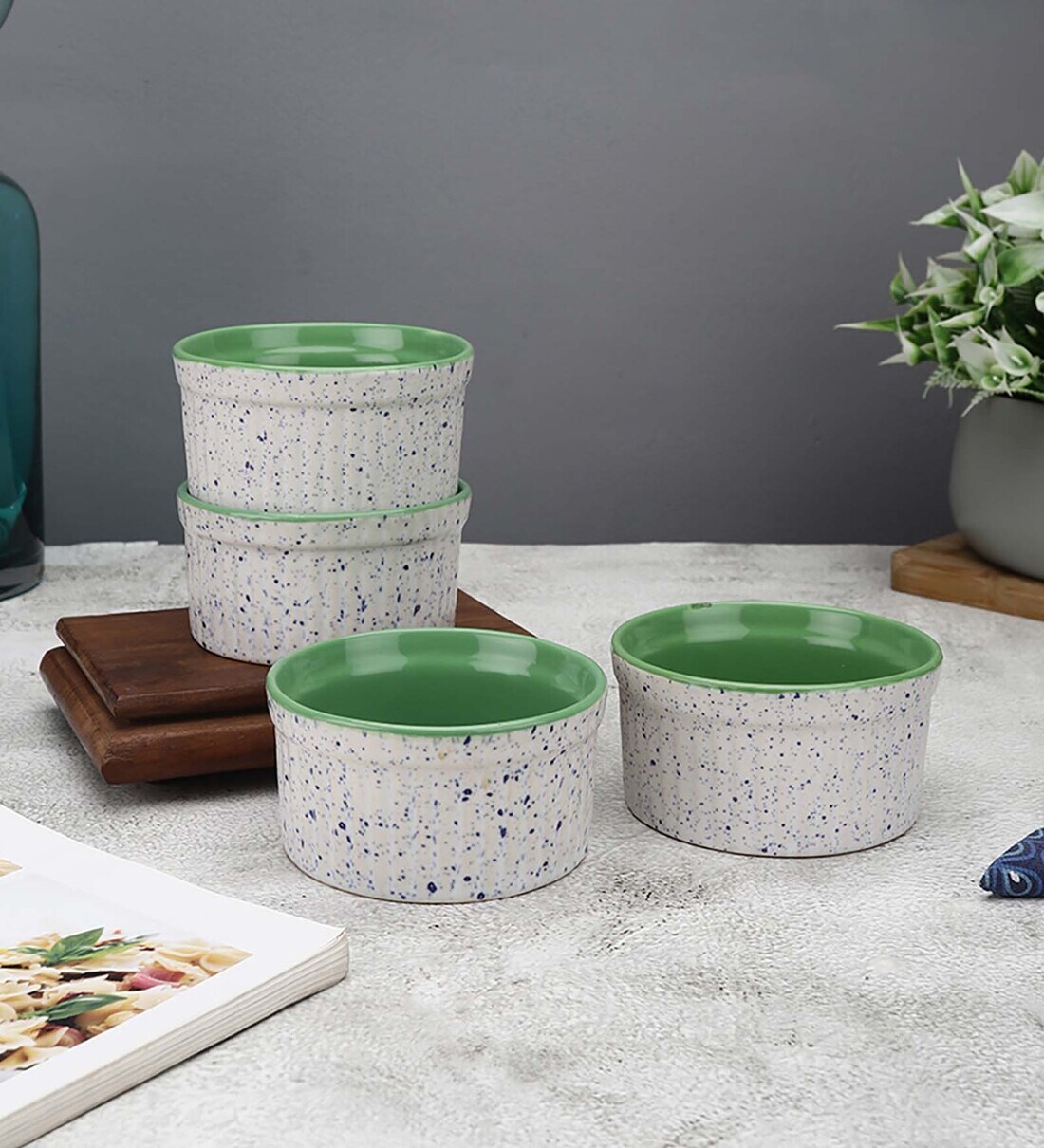 Buy Brilliant 200ml White & Green Stoneware (Set of 4) Ramekin Bowl