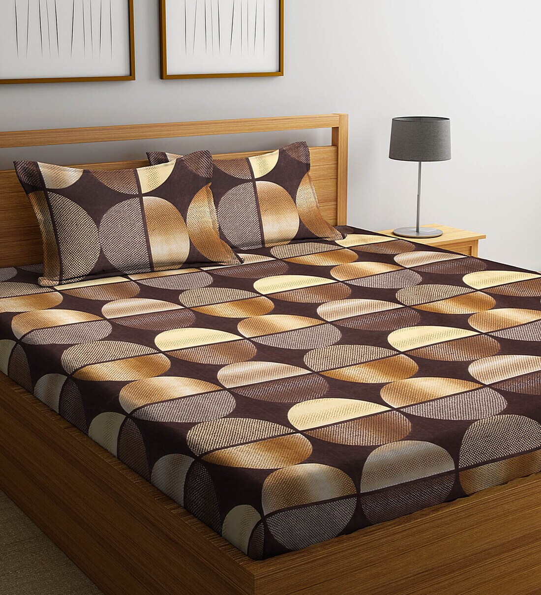 Buy Brown Geometric 300 TC Cotton Blend Queen Sized Bed Sheets with 2