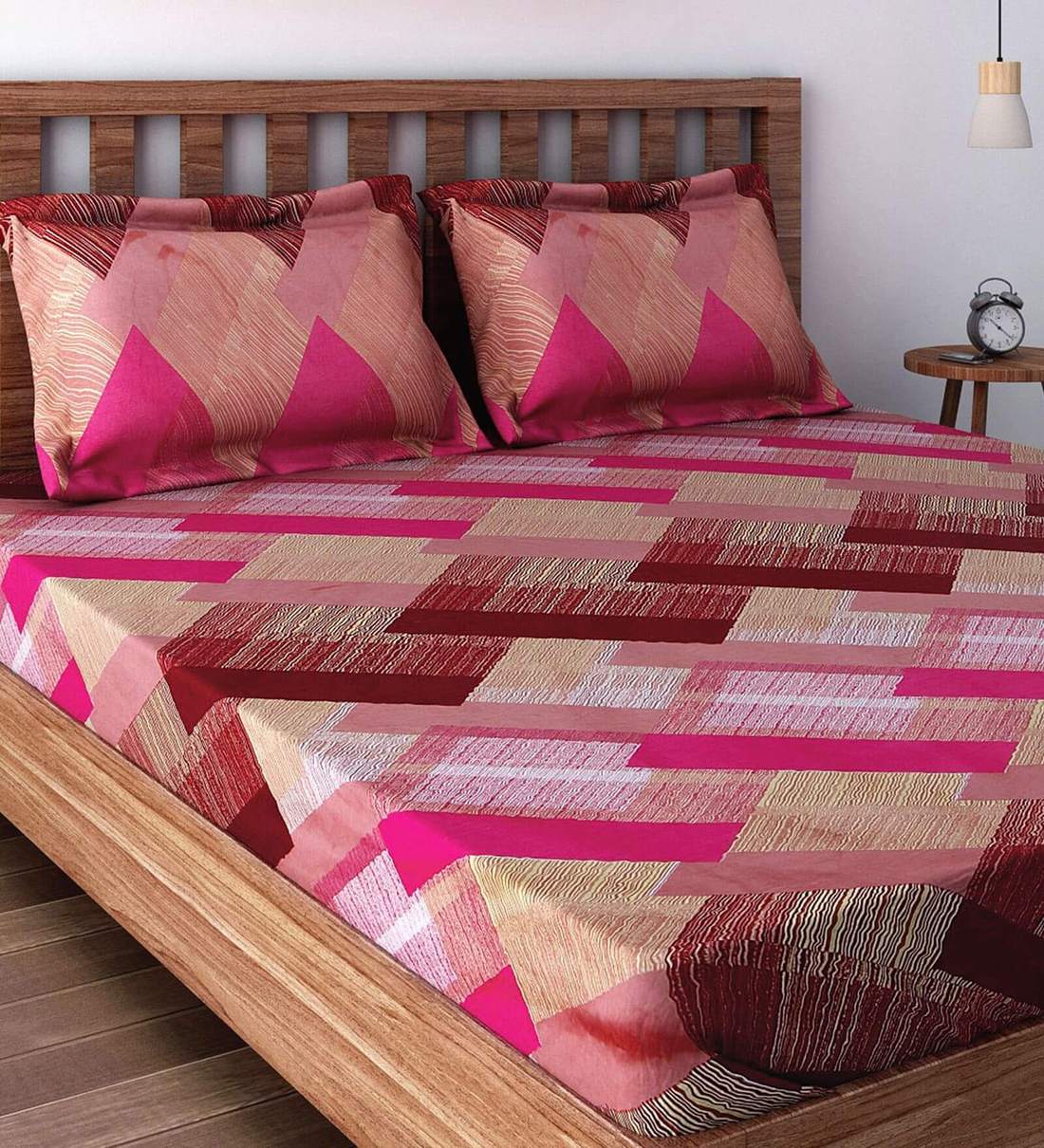 Buy Pink Geometric 160 Tc Cotton 1 Double Bedsheet With 2 Pillow Covers