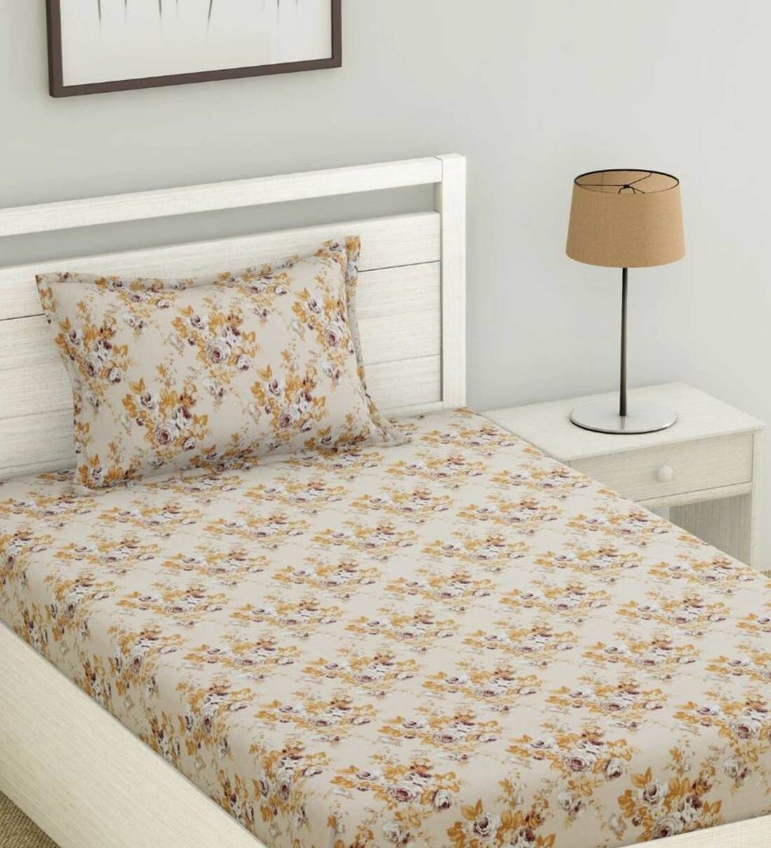 Buy Brown Floral 186 TC 100 Cotton Single Bed Sized Bed Sheets With 1