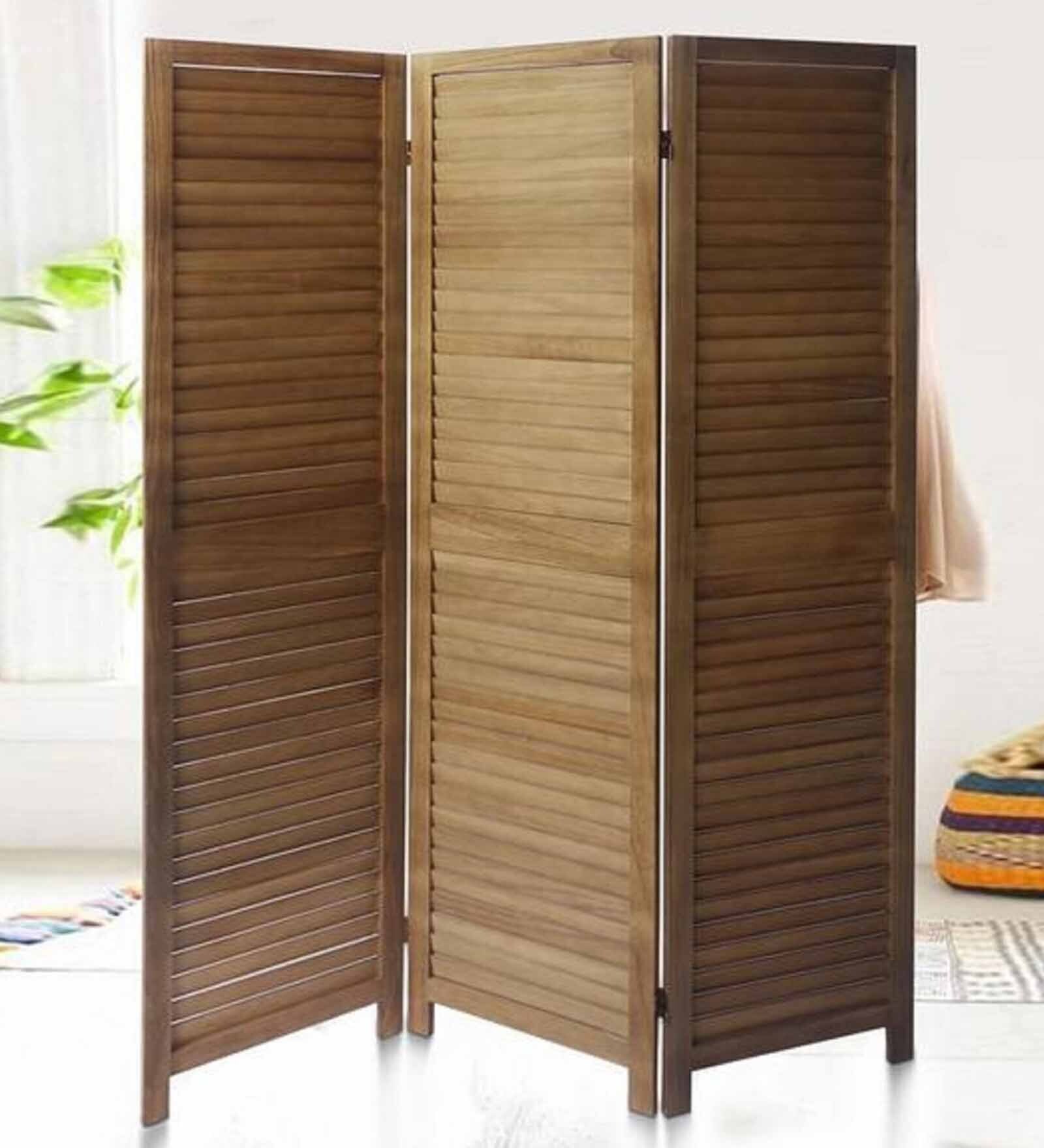 Buy Brown Floral Handcarved Wooden Room Divider Three Panels In Plain ...