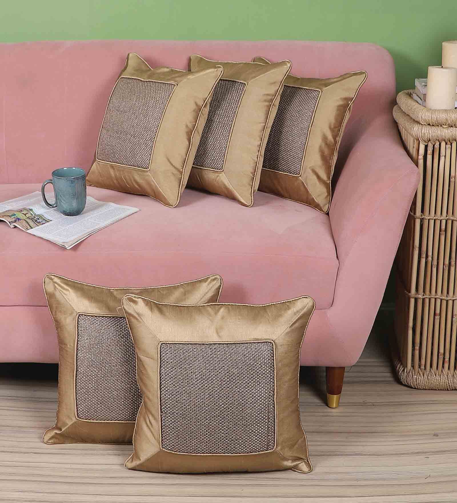 Buy Brown Textured Jute 16 x 16 Inches Cushion Covers (Set of 5) by MFD Home Furnishing Online