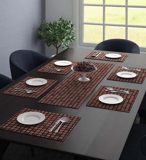 Cyrus (18x13) Brown Polyester (Set of 7) Table Linen Set