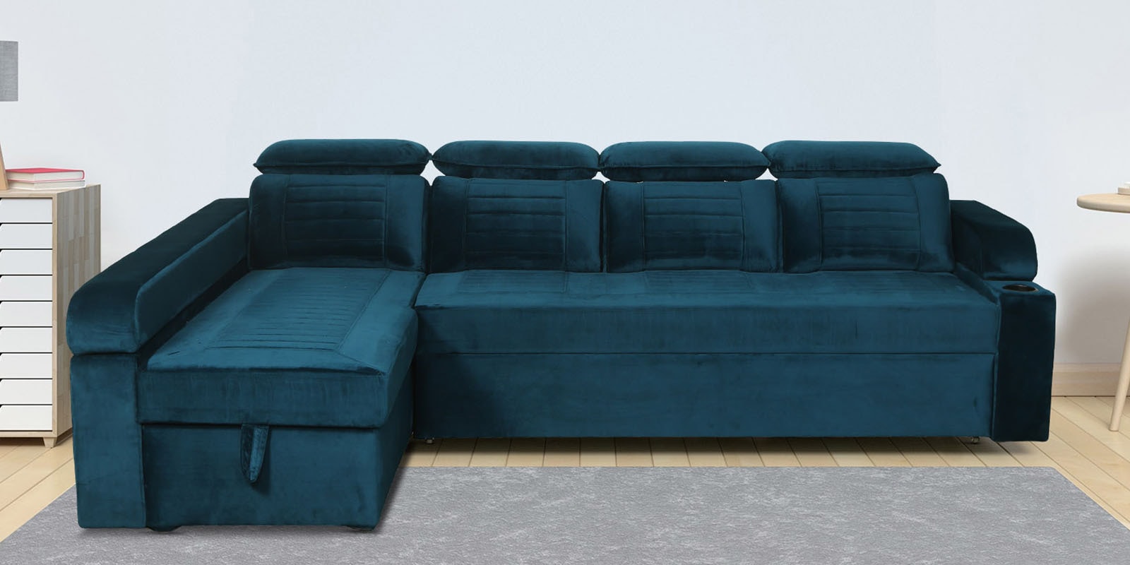 Buy Cameo RHS Velvet PullOut Sofa Cum Bed in Teal Blue Colour with