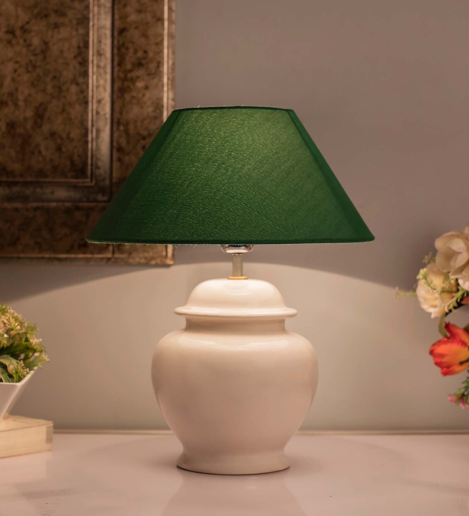 Buy Ceramic Pot Shaped Base White Table Lamp With Green Cone Shade, Led