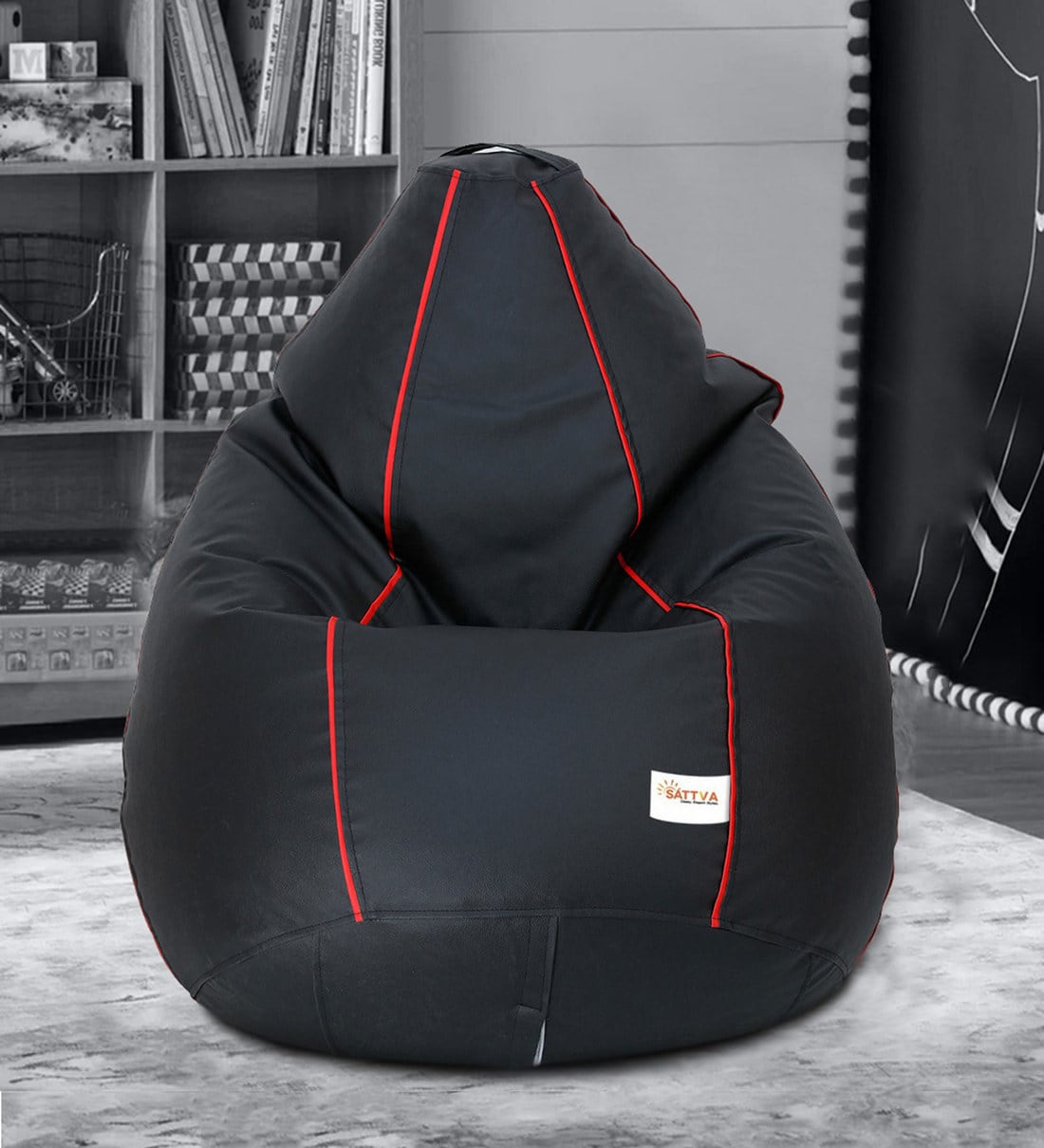 Buy Classic XXXL Leatherette Bean Bag With Beans In Red Piping & Black