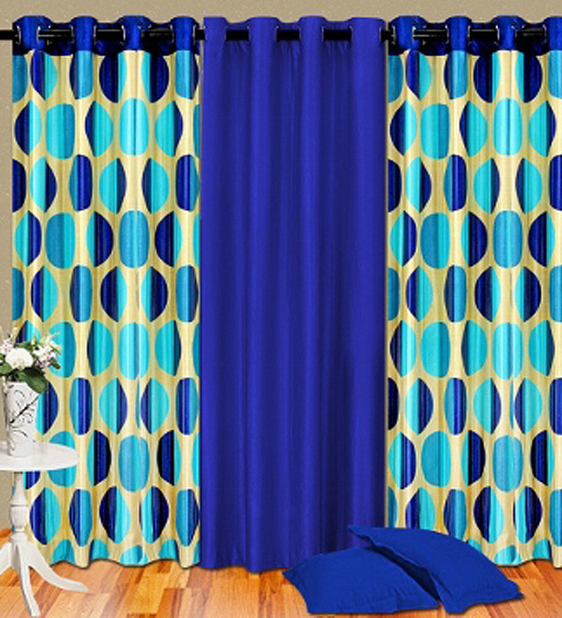 Buy Blue Geometric Polyester 5 Ft Semisheer Eyelet Door Curtains (Set
