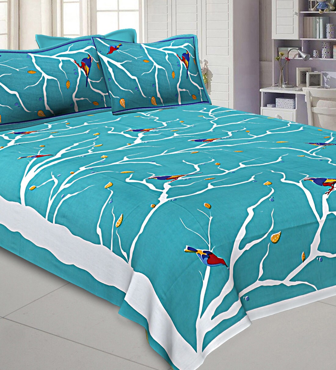 Buy Blue Abstract 200 TC Cotton Double Size Bedsheet With 2 Pillow
