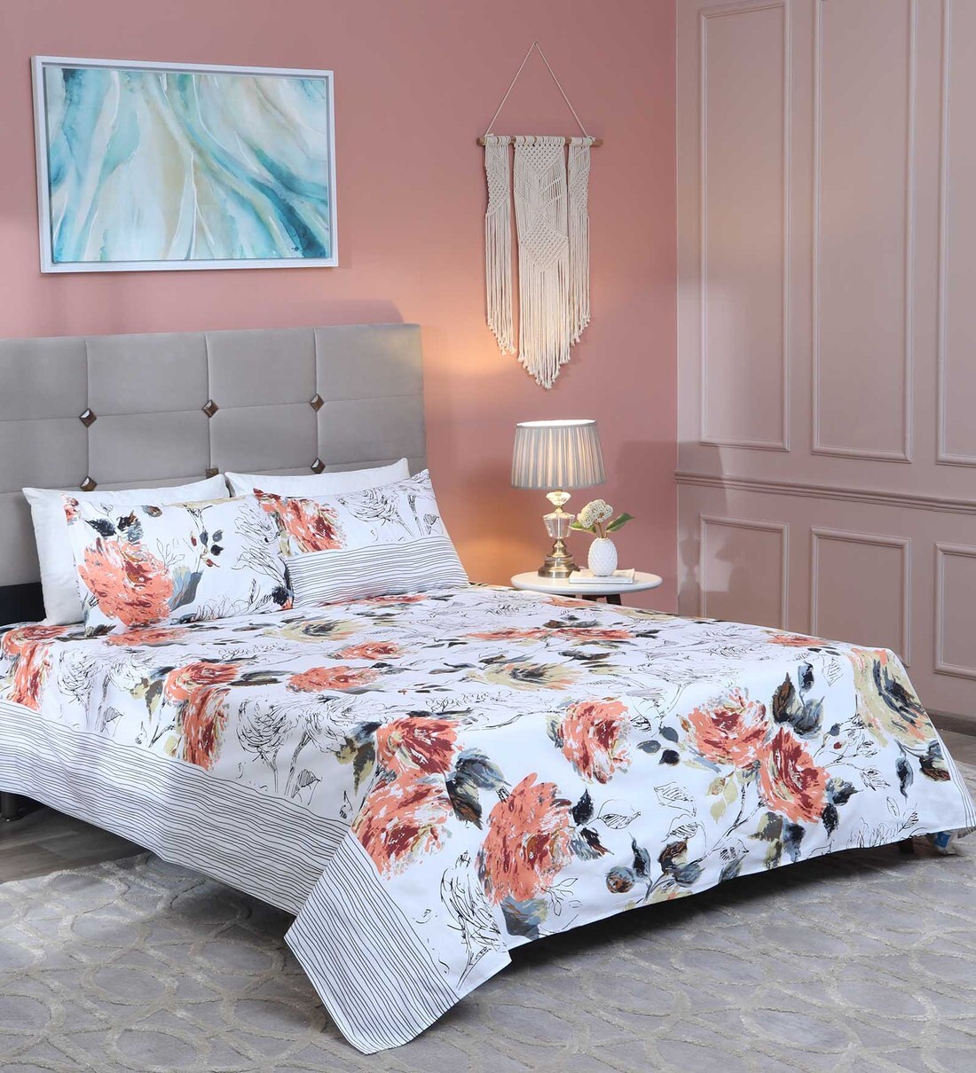 Buy White Floral 144 TC Cotton 1 Double Bedsheet with 2 Pillow Covers
