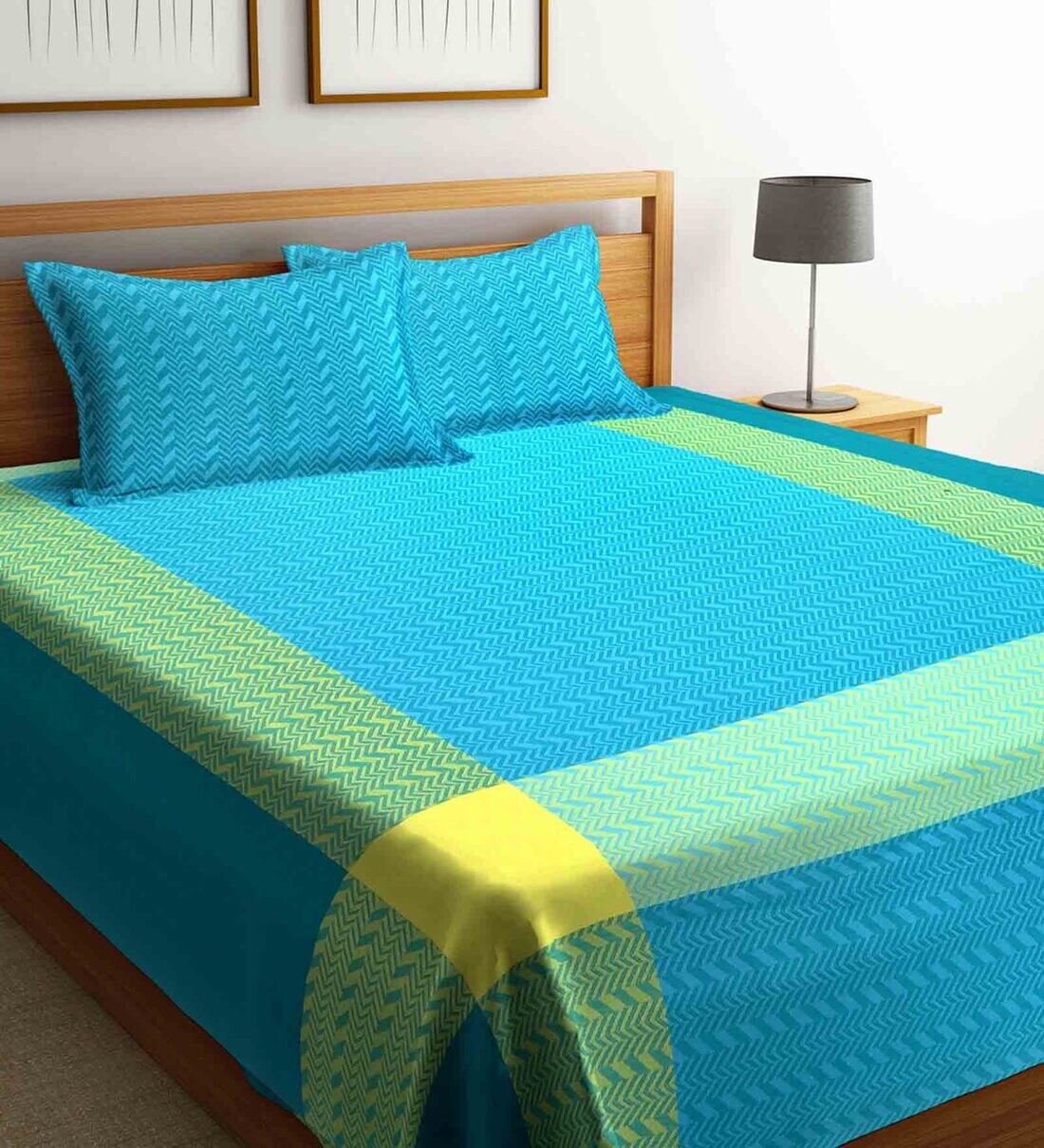 Buy Cotton 300 TC Double Bedcover with 2 Pillow Covers in Blue Color by