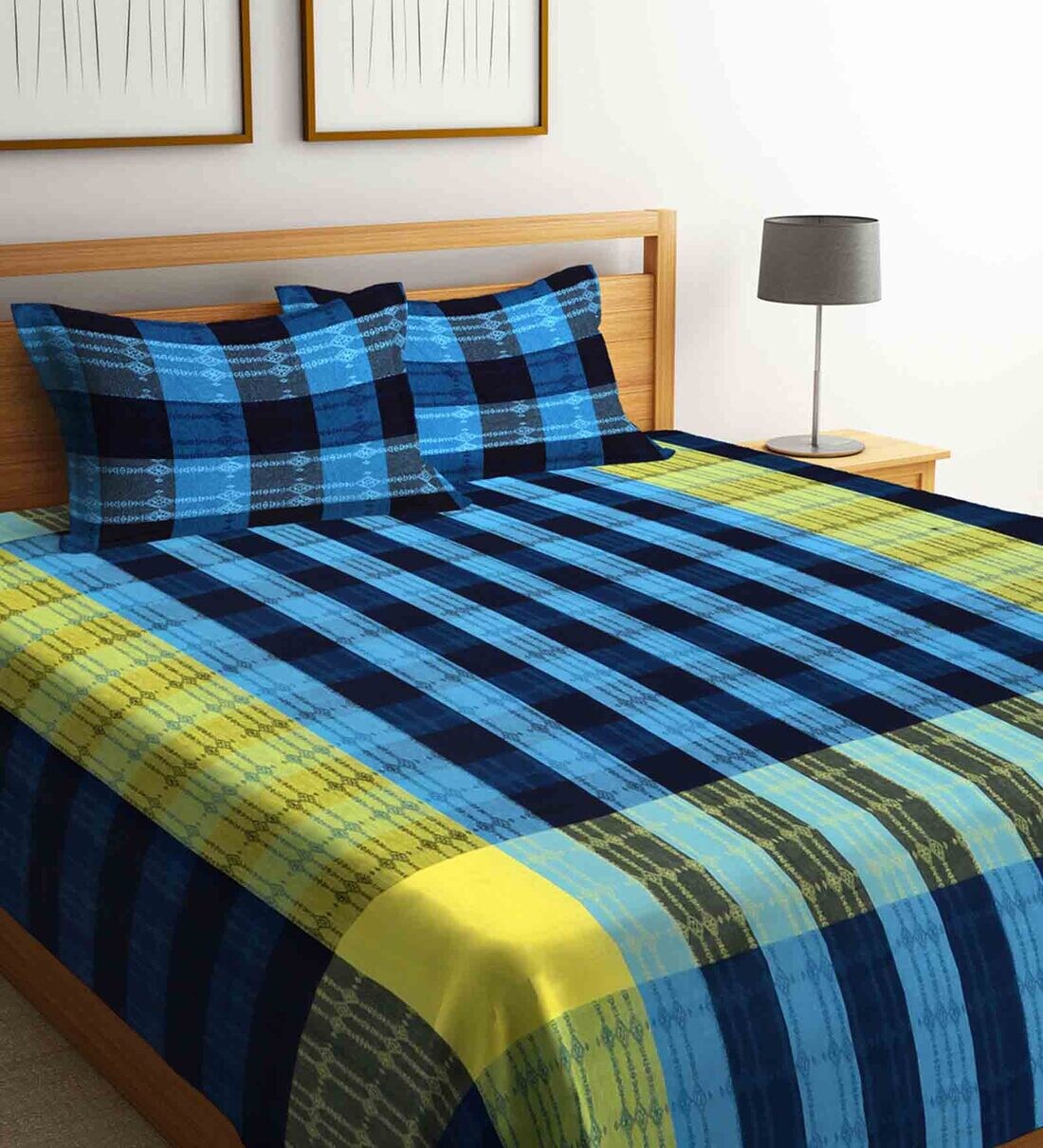 Buy Blue Geometric 300 TC Cotton Double Bed Cover with 2 Pillow Covers