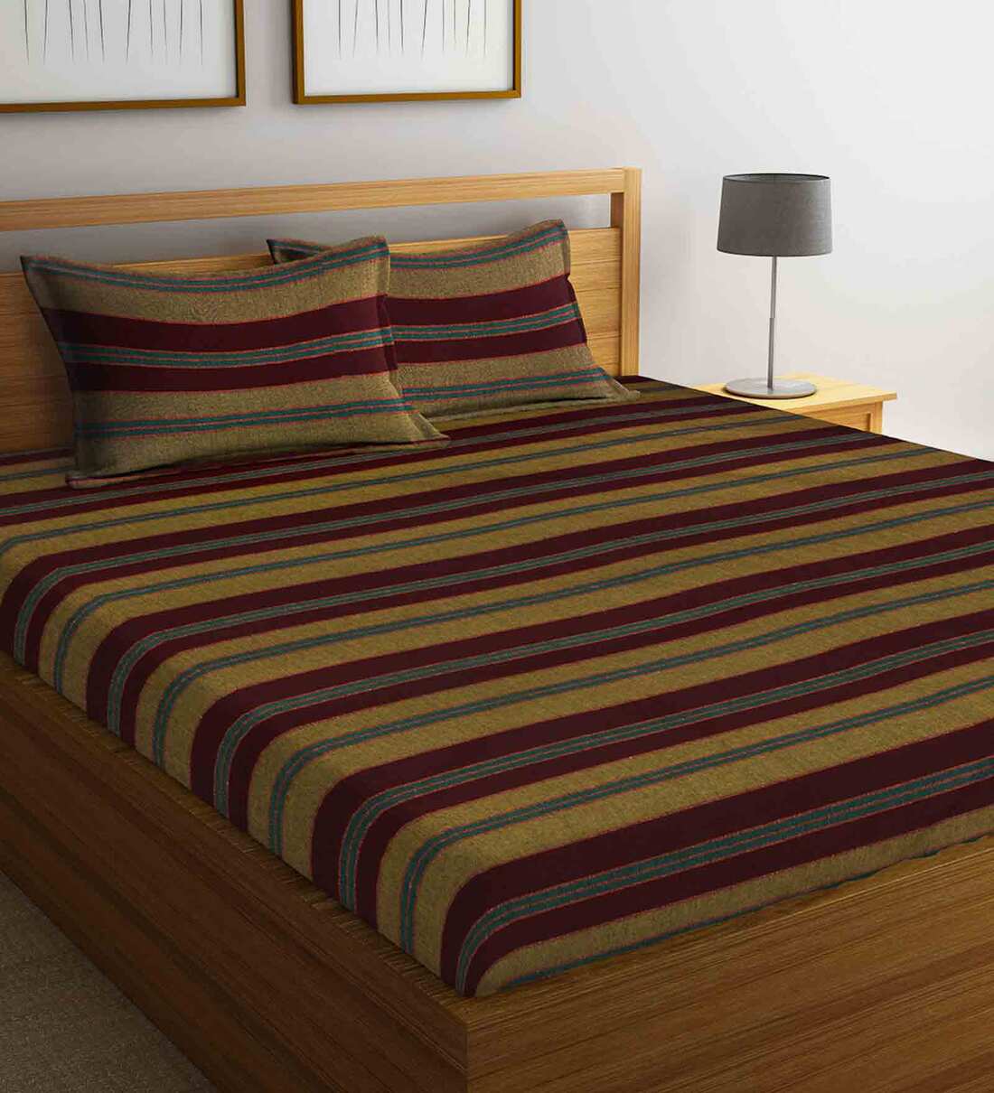 Buy Brown Geometric 300 TC Cotton 1 Double Bedsheet With 2 Pillow ...