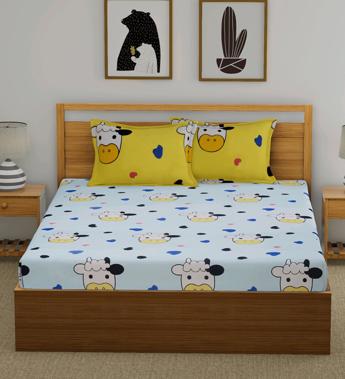 Buy Cow Double Bed Sheets with 2 Pillow Covers in Blue by Home