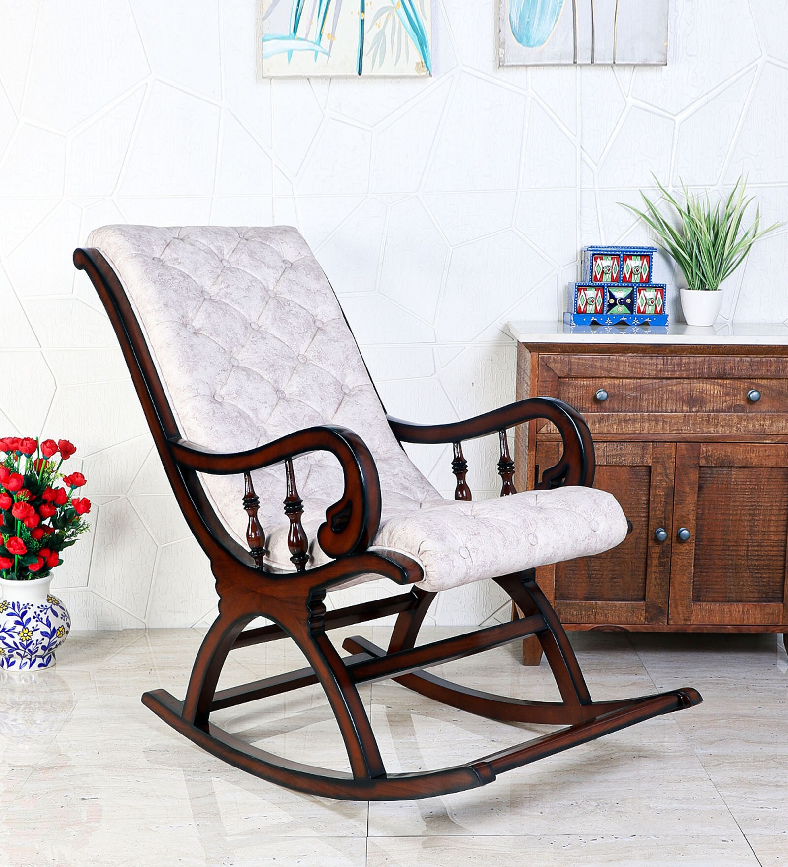 Buy Touffy Solid Wood Rocking Chair in Brown & Beige Colour at 53 OFF