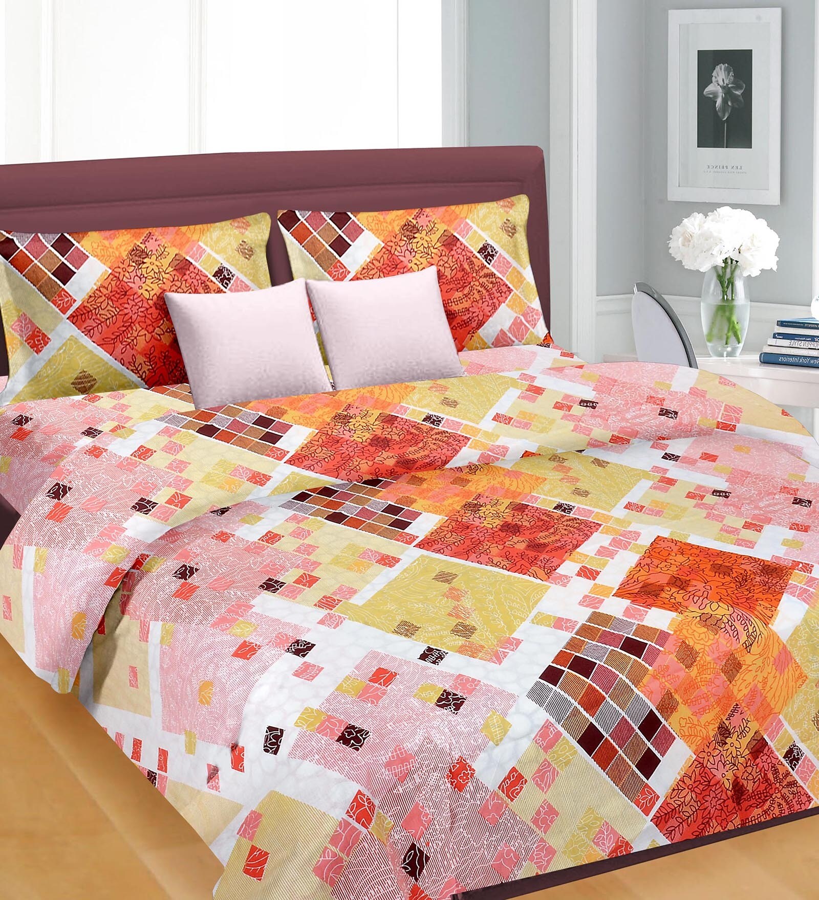 Buy Orange Cotton Floral Double Bed Sheet Set (with Pillow Covers) by