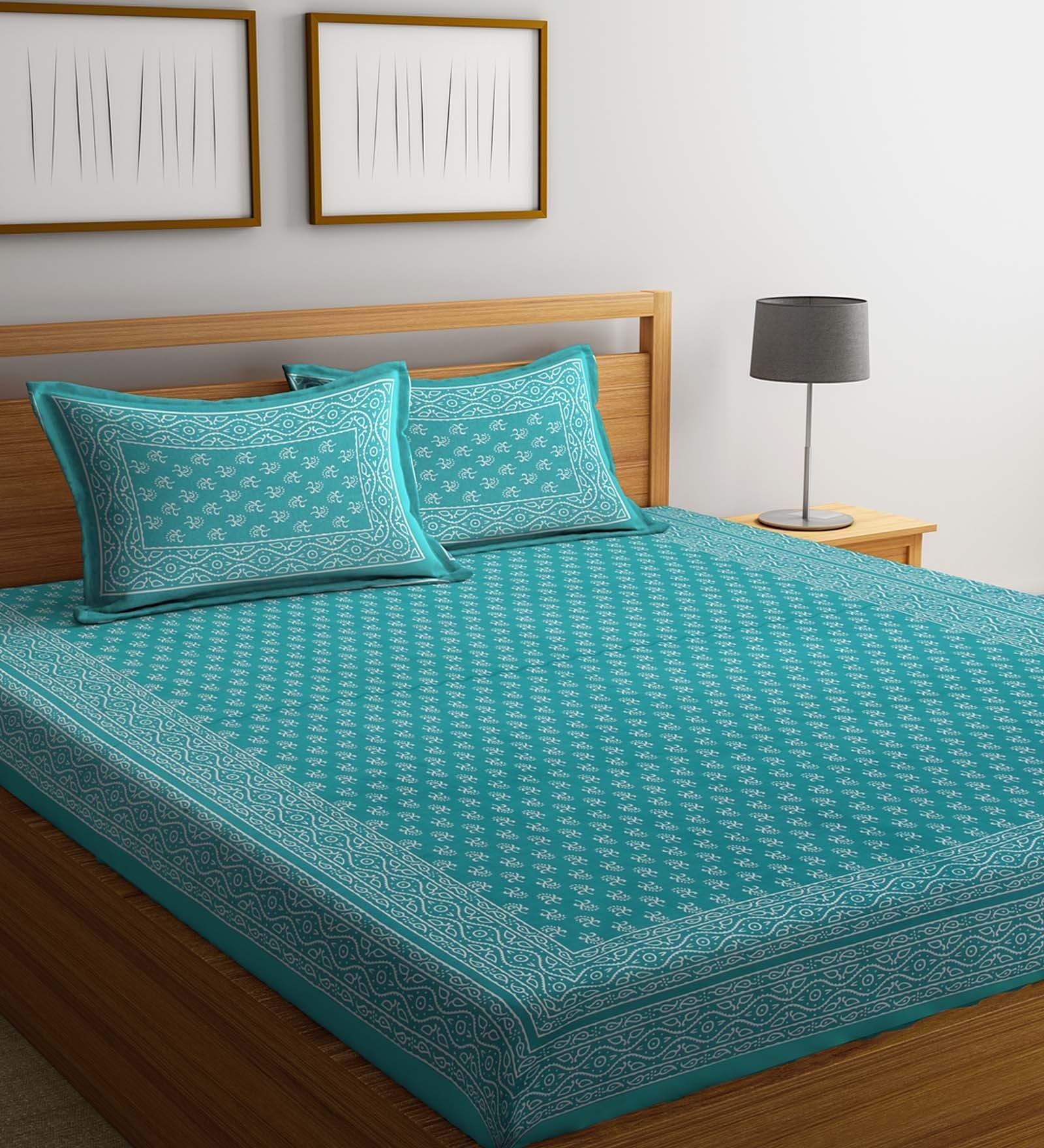 Buy Blue Traditional 144 TC Cotton Blend Queen Sized Bed Sheets with 2