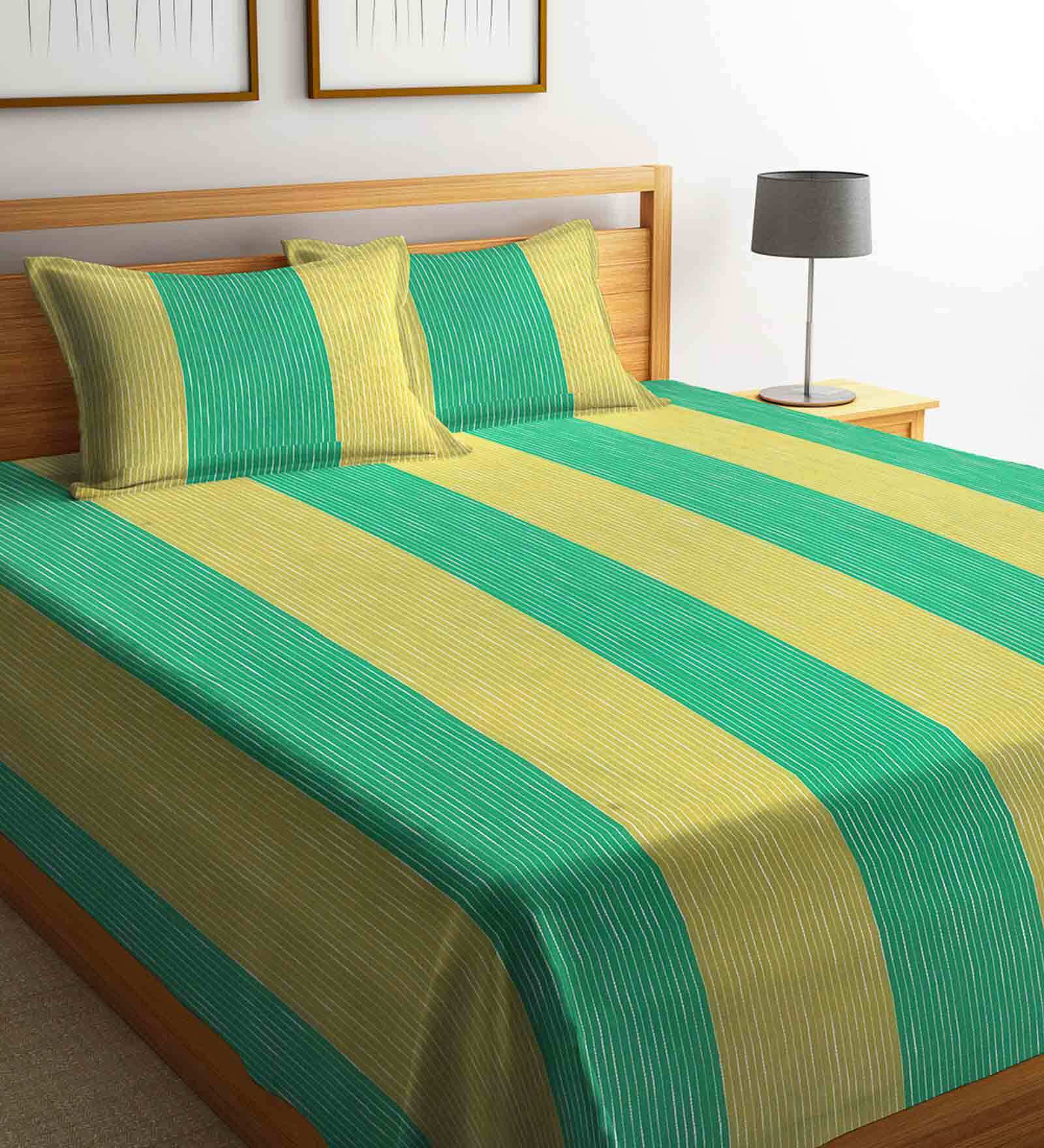 Buy Green Geometric 300 TC Cotton Double Bed Cover with 2 Pillow Covers