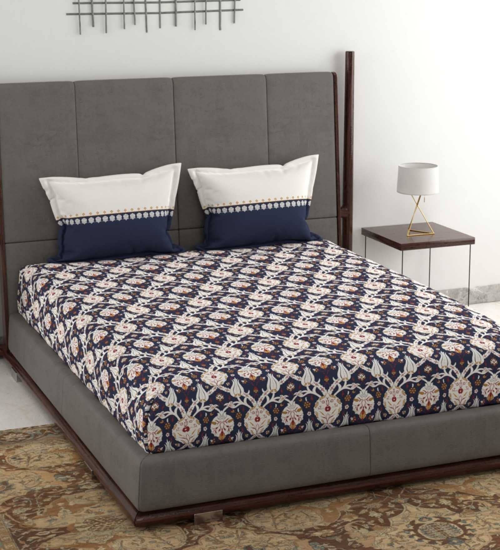 Buy Violet Floral 120 TC Cotton Double Queen Bedsheet With 2 Pillow