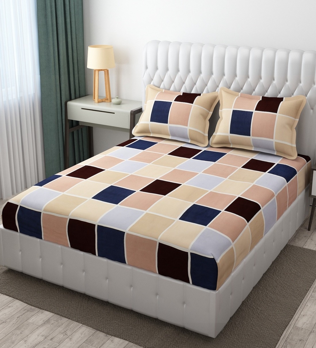 Buy Cream Geometric 280 TC Cotton Blend Fitted Queen Bedsheet with 2 Pillow Covers by YaAkholic