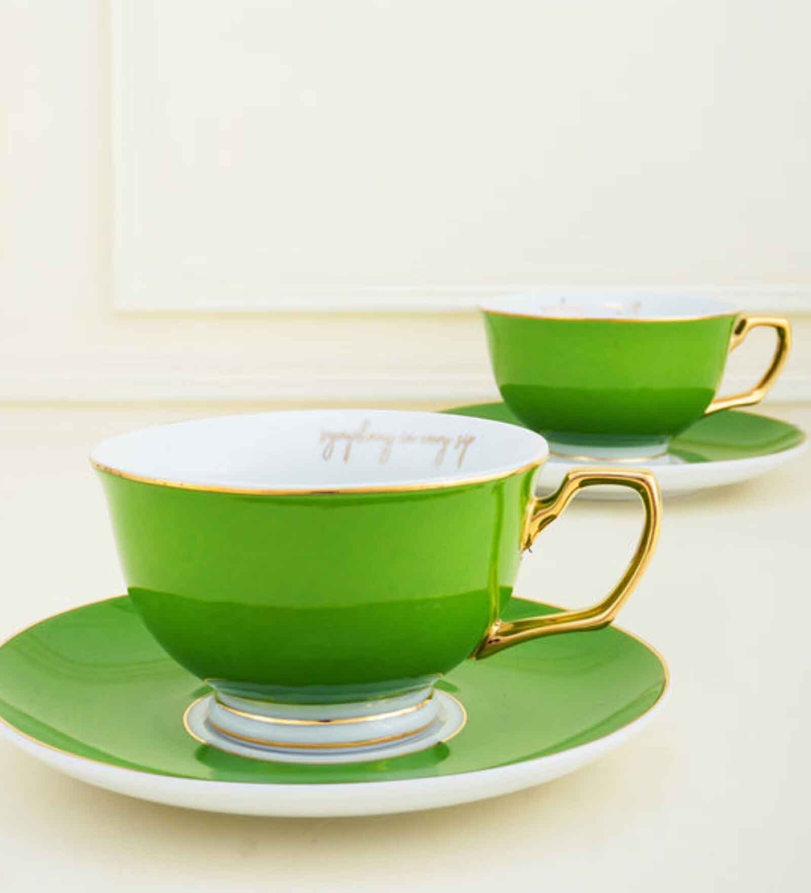 Buy Leonardo 200ml Green & White Porcelain (Set of 2) Tea Cup & Saucer