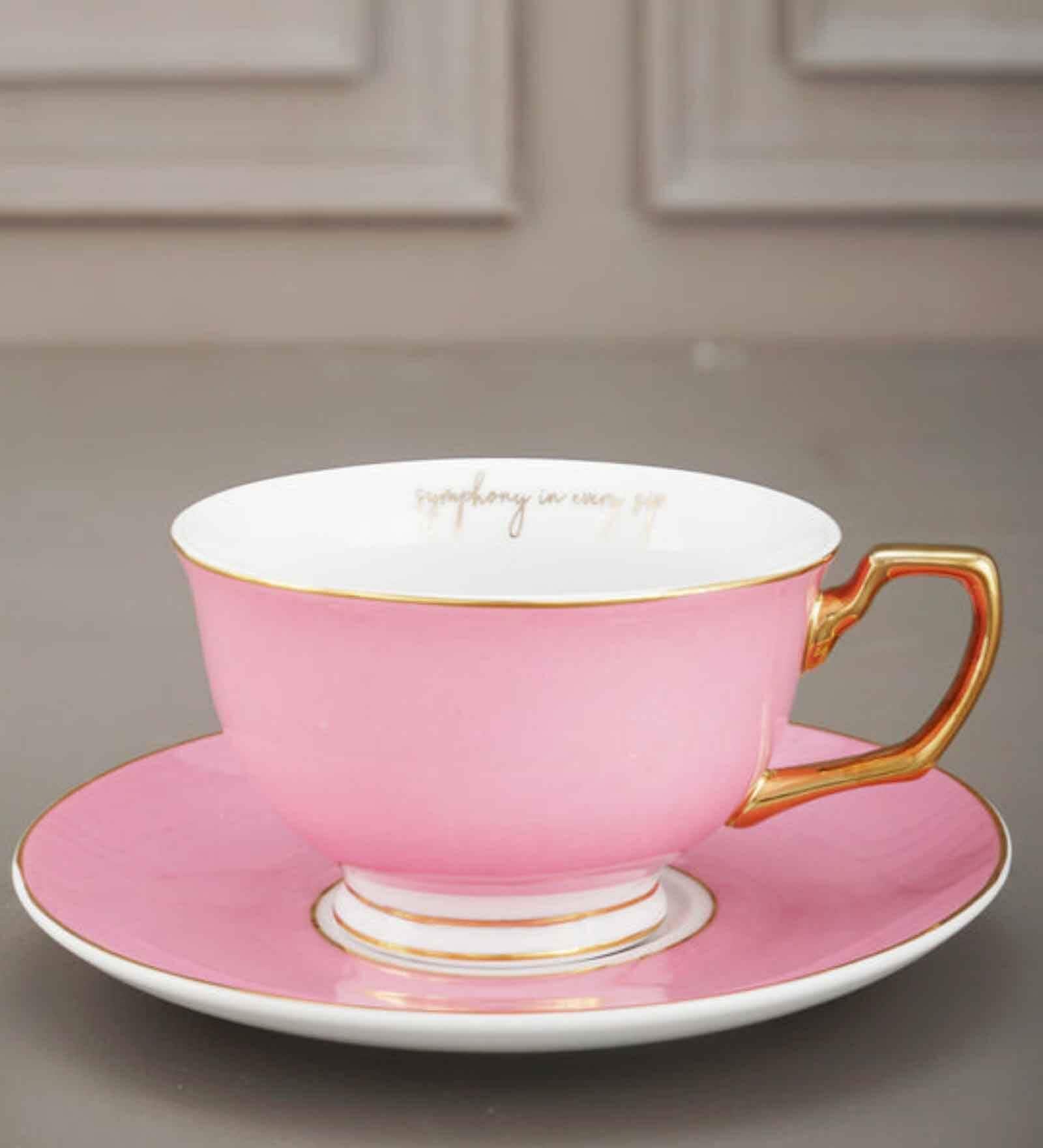 Buy Ian 200ml Pink & White Porcelain (Set of 2) Tea Cup & Saucer Set at