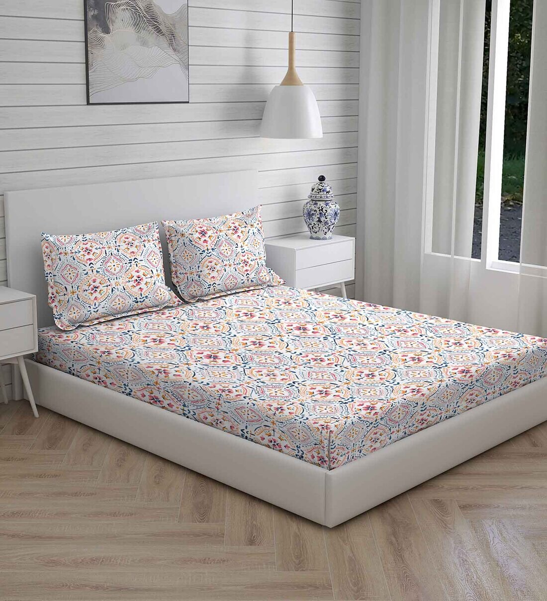 Buy Dark Blue Traditional 225 TC Cotton King Sized Bed Sheets with 2