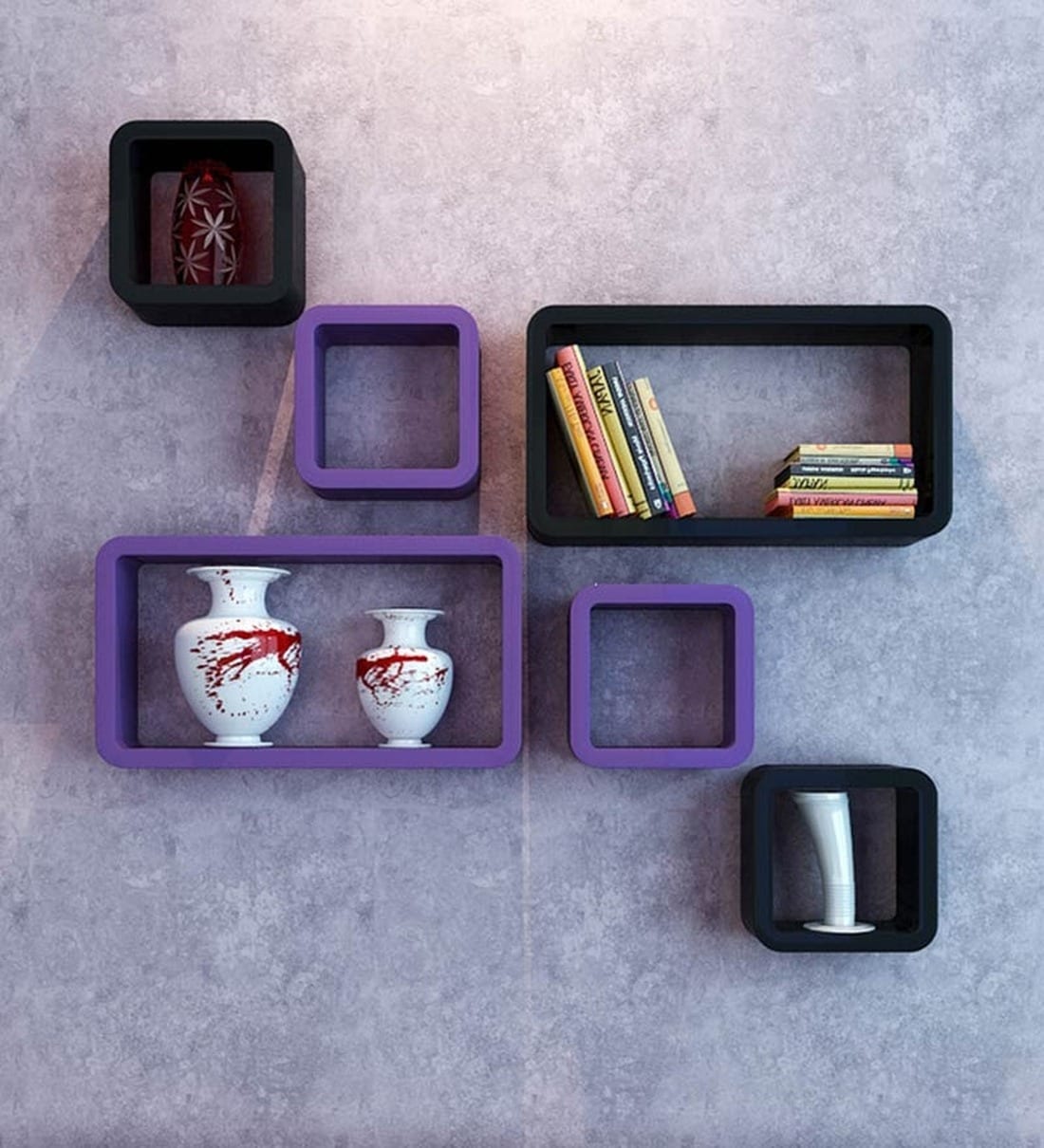 Buy AYHM Black & Purple MDF Floating Wall Shelf Cube Rectangle - Set of ...