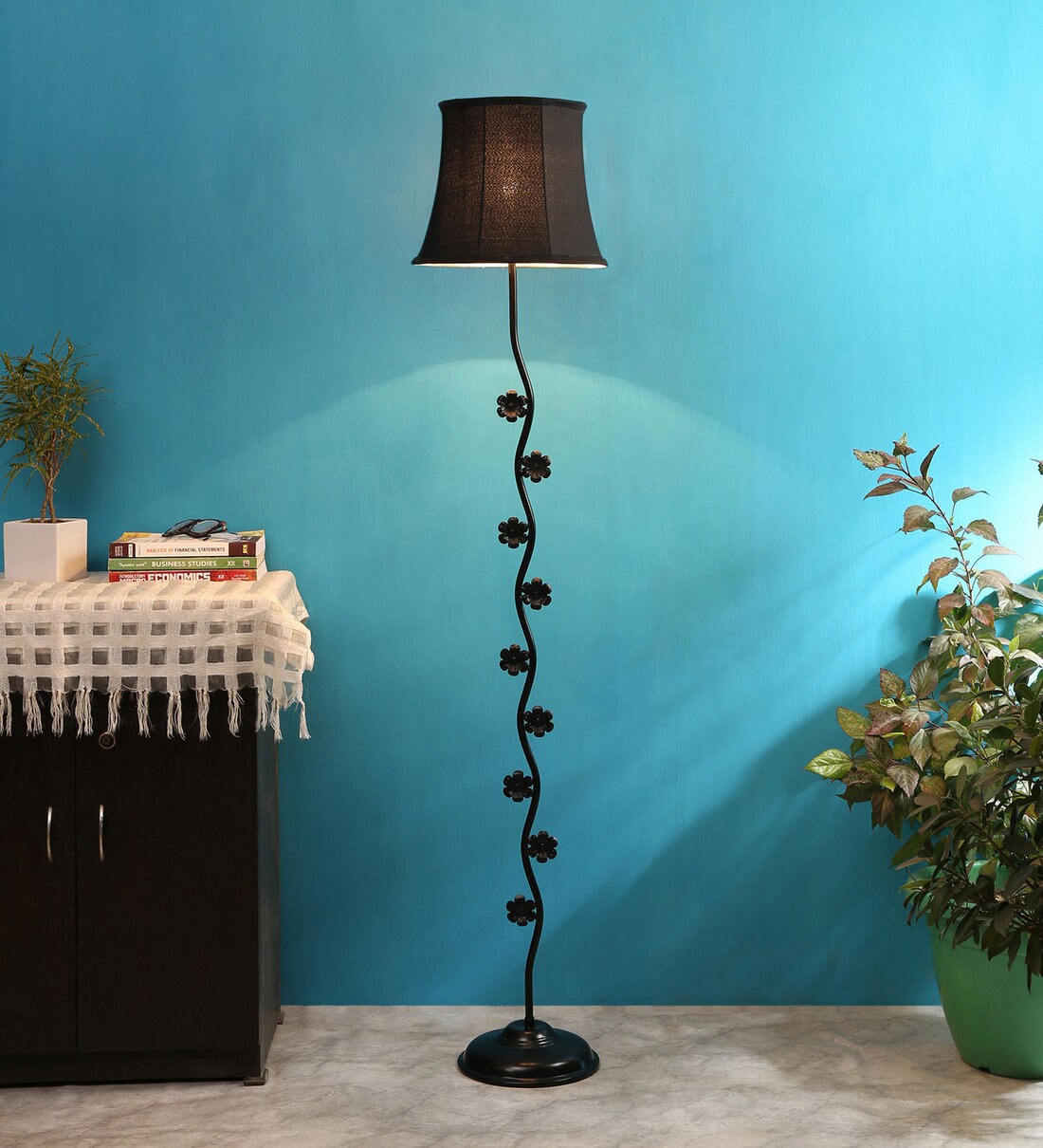 Buy Designer Flower Black Cotton Shade Floor Lamp with Black Base by