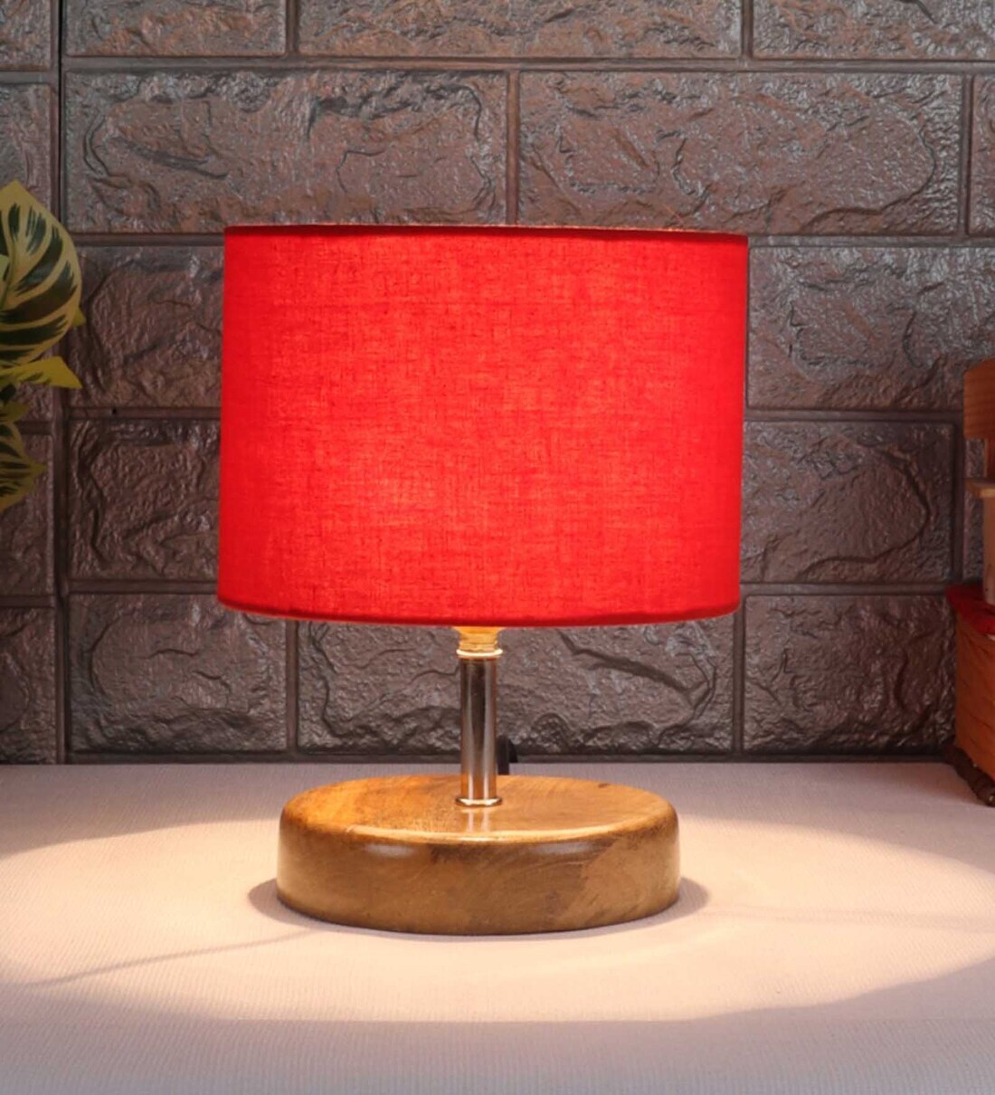 Buy Devansh Wood Table Lamp With Red Cotton Shade by New Era at 70 OFF