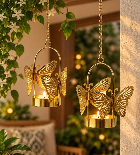 Butterfly Design Hanging Tealight Holders with Gold Finish and Tealight Candle 2 Pcs