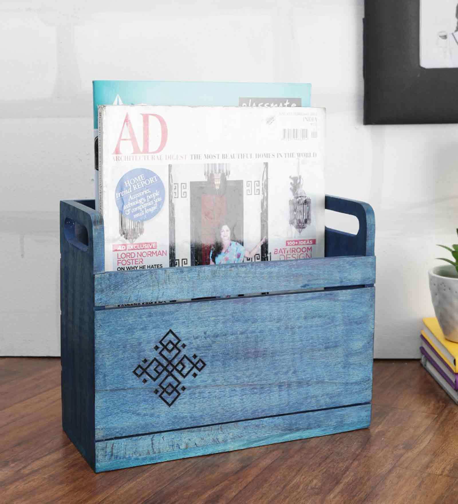 Buy Distress Blue Beech Wood Magazine Rack Online Magazine Racks