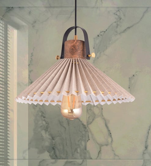 Buy Beige Metal Wood And Fabric Hanging Light By Kapoor E