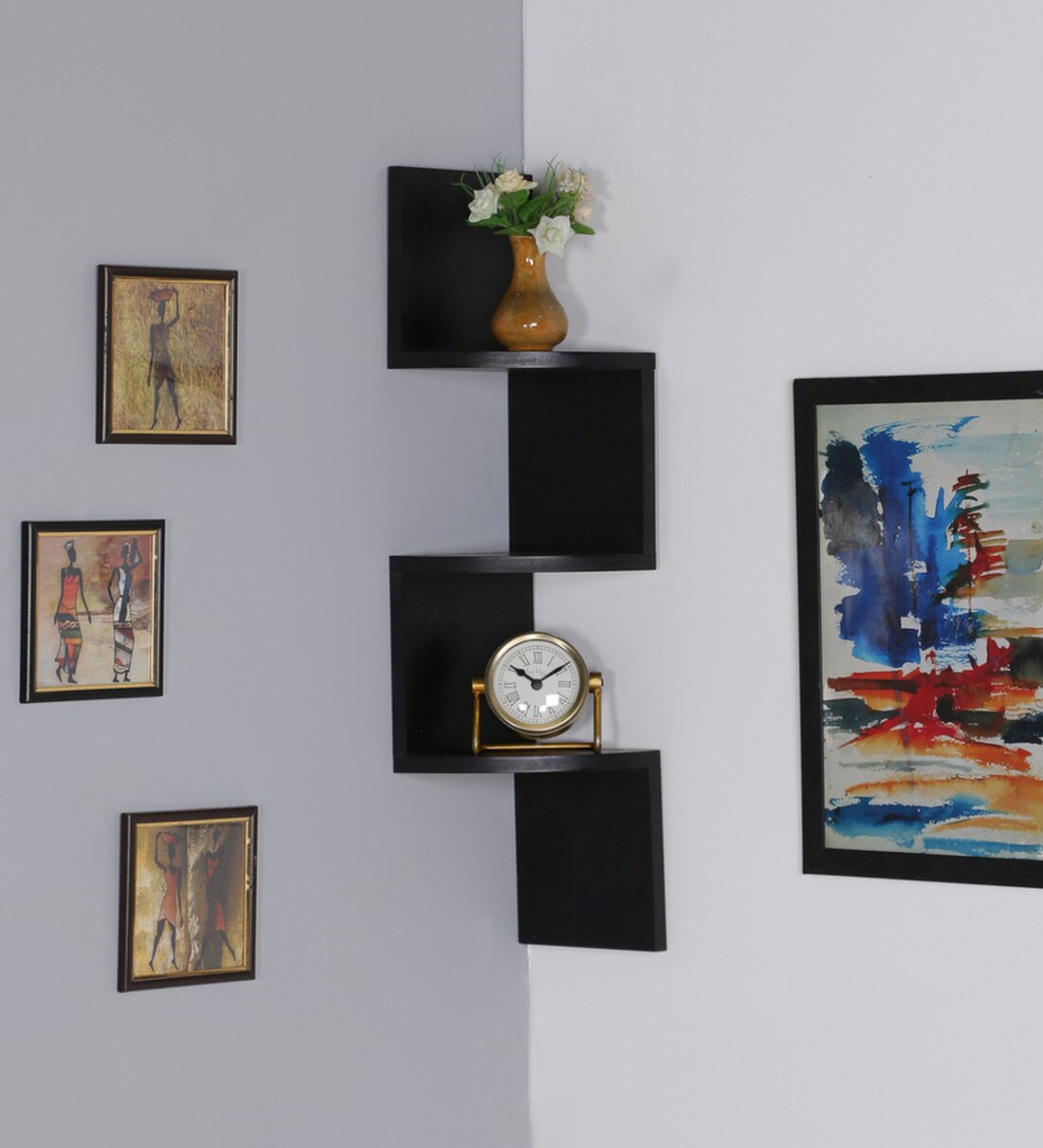 Buy Engineered Wood Zigzag Corner Wall Shelf in Black Colour by