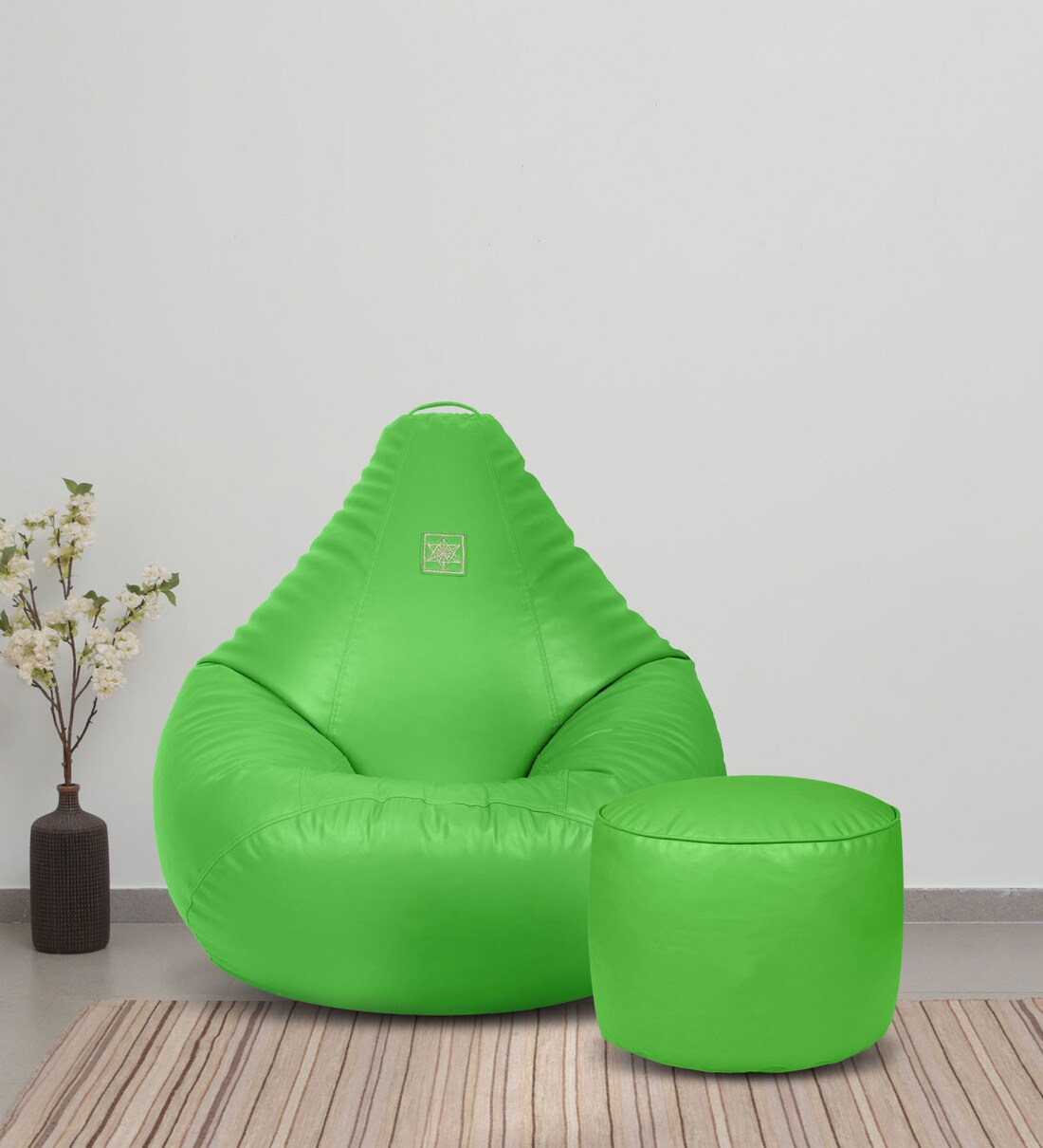 Buy Elegant XL Leatherette Bean Bag Cover in Green Colour with Pouffe